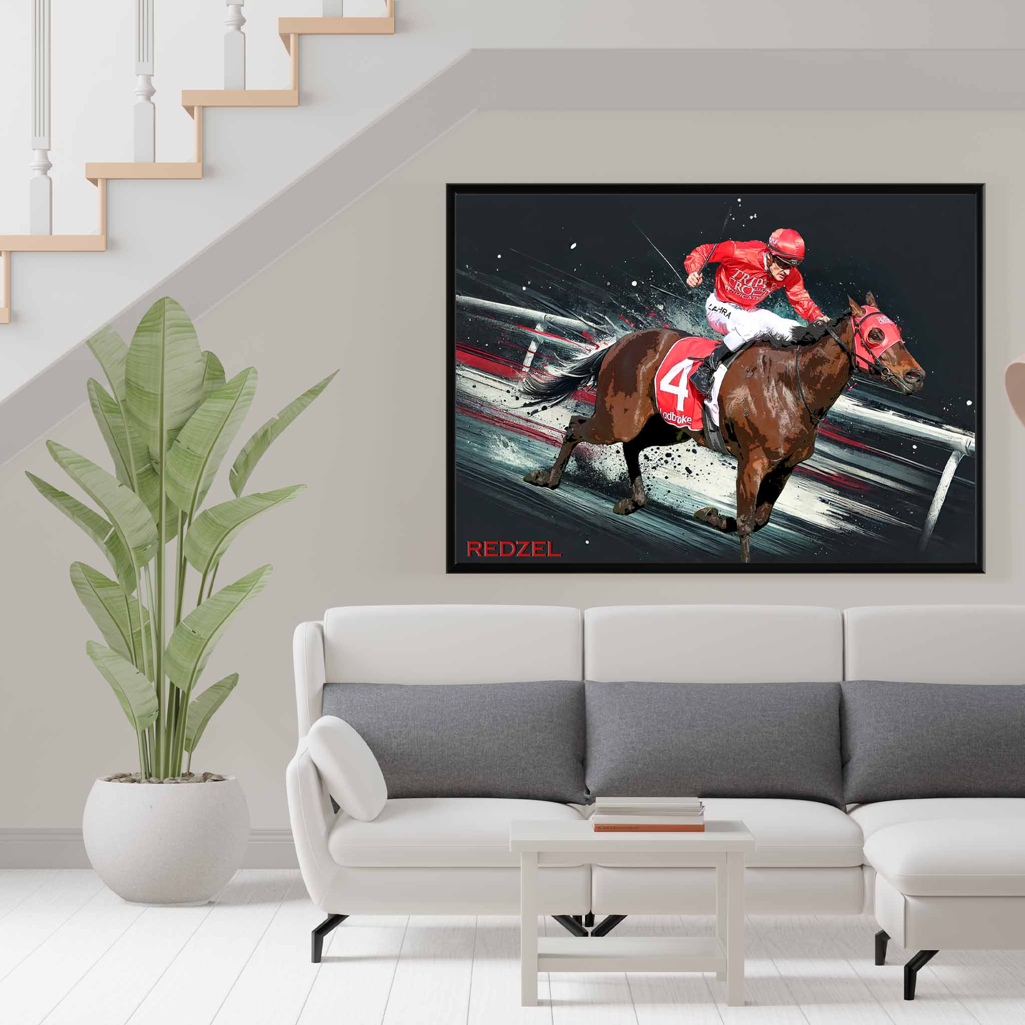 Horse Racing fan with a tribute to the great Redzel framed on display as home decor.