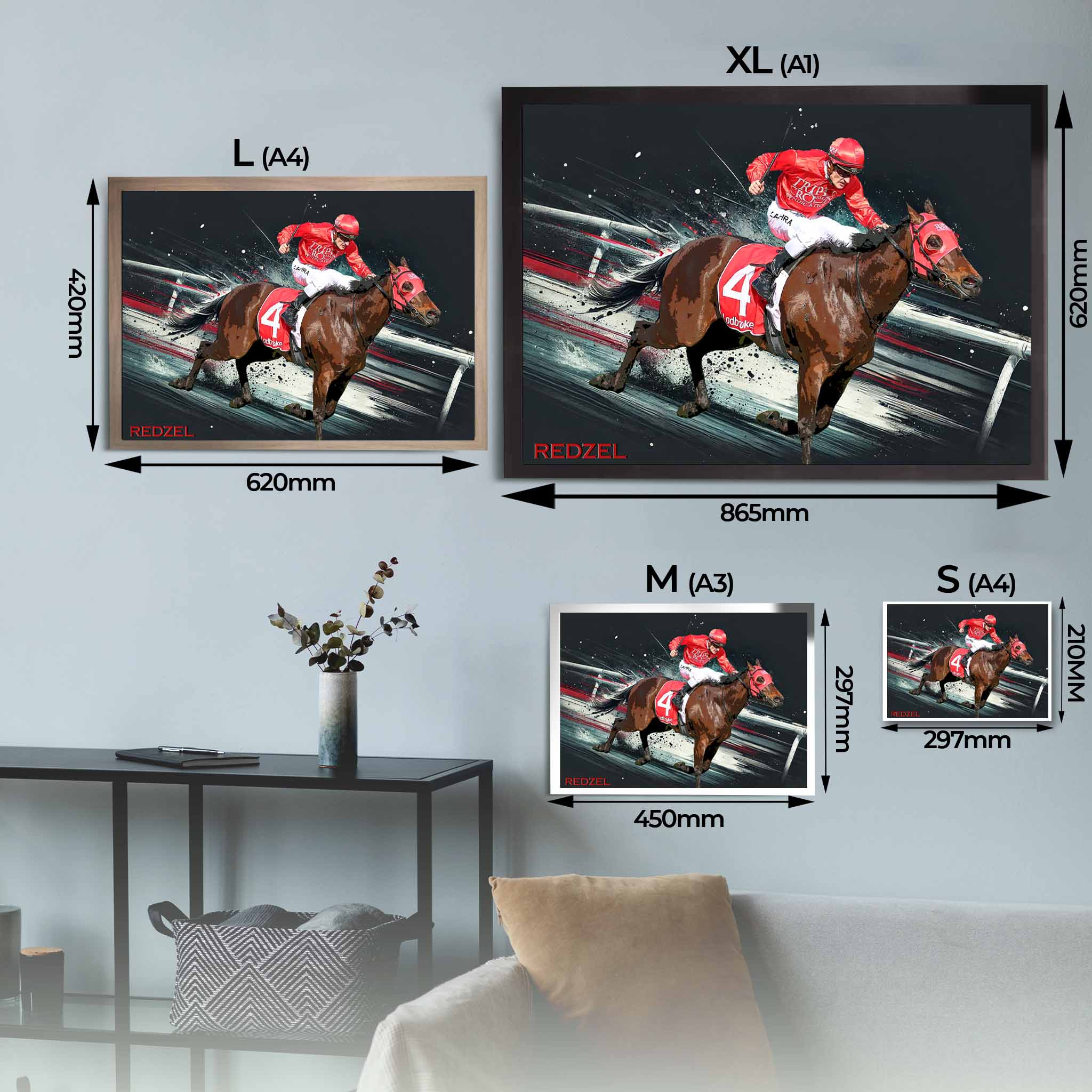 Redzel Horse Racing Framed Art Sizing Guide.