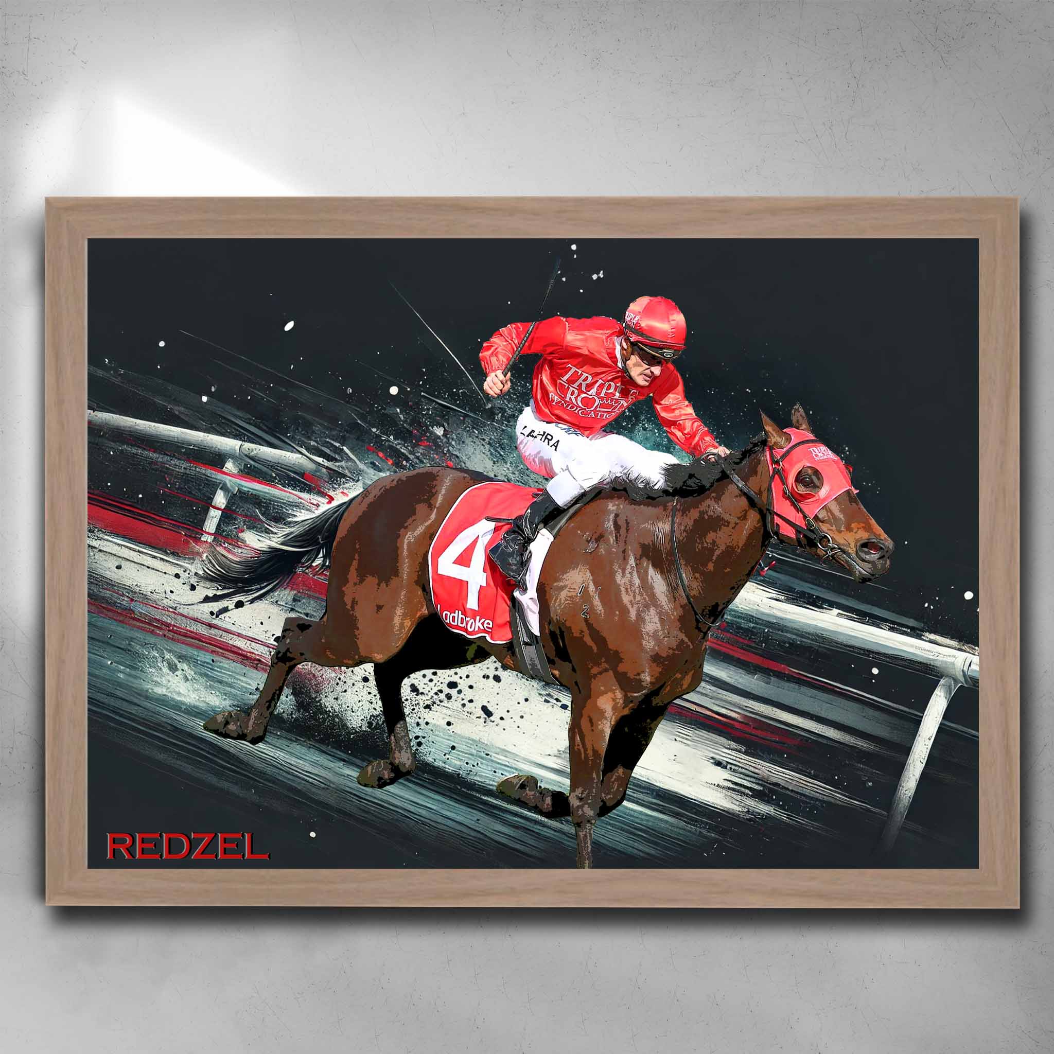 Oak framed horse racing art by Sports Cave, featuring the back to back Everest champion Redzel.