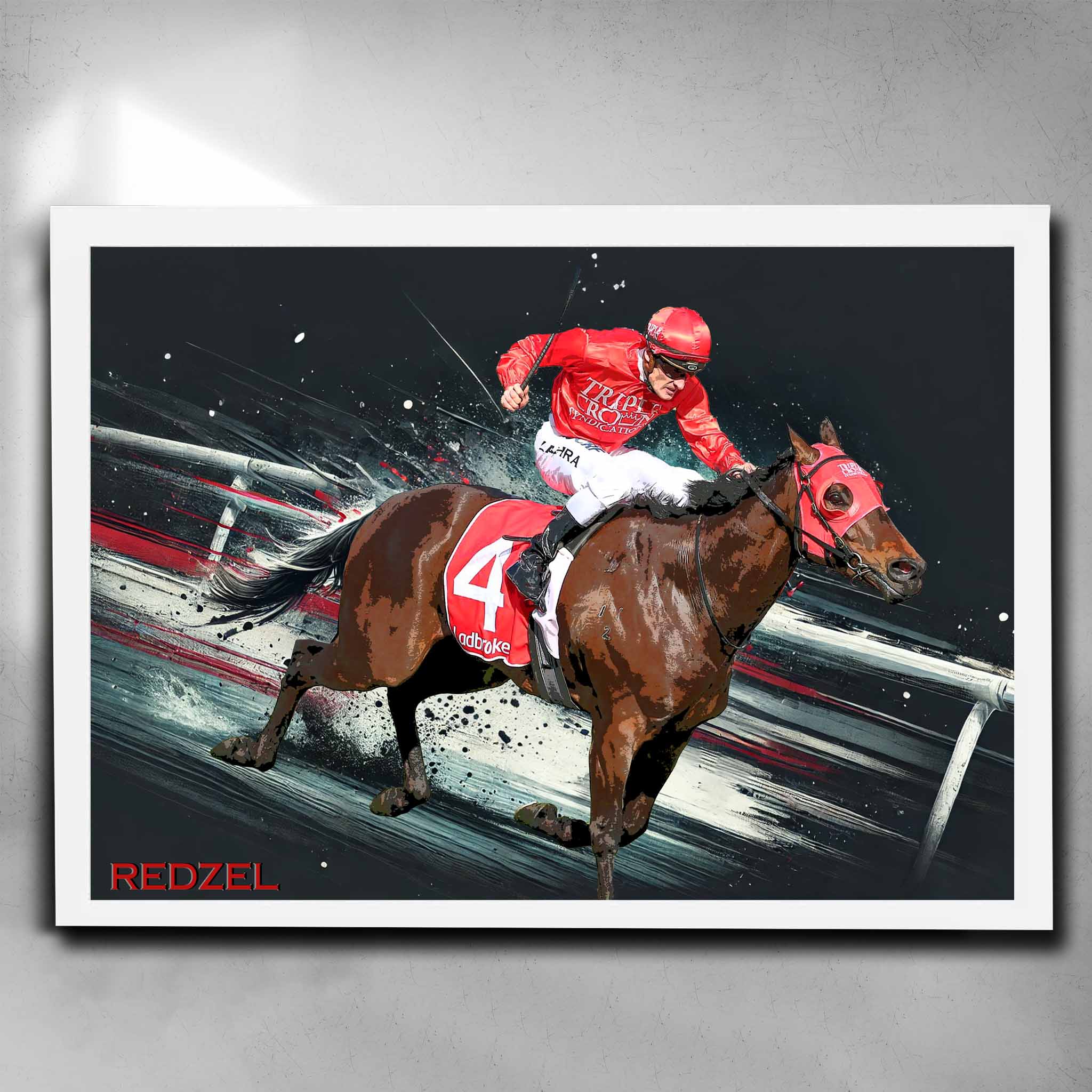 White framed horse racing art by Sports Cave, featuring the back to back Everest champion Redzel.