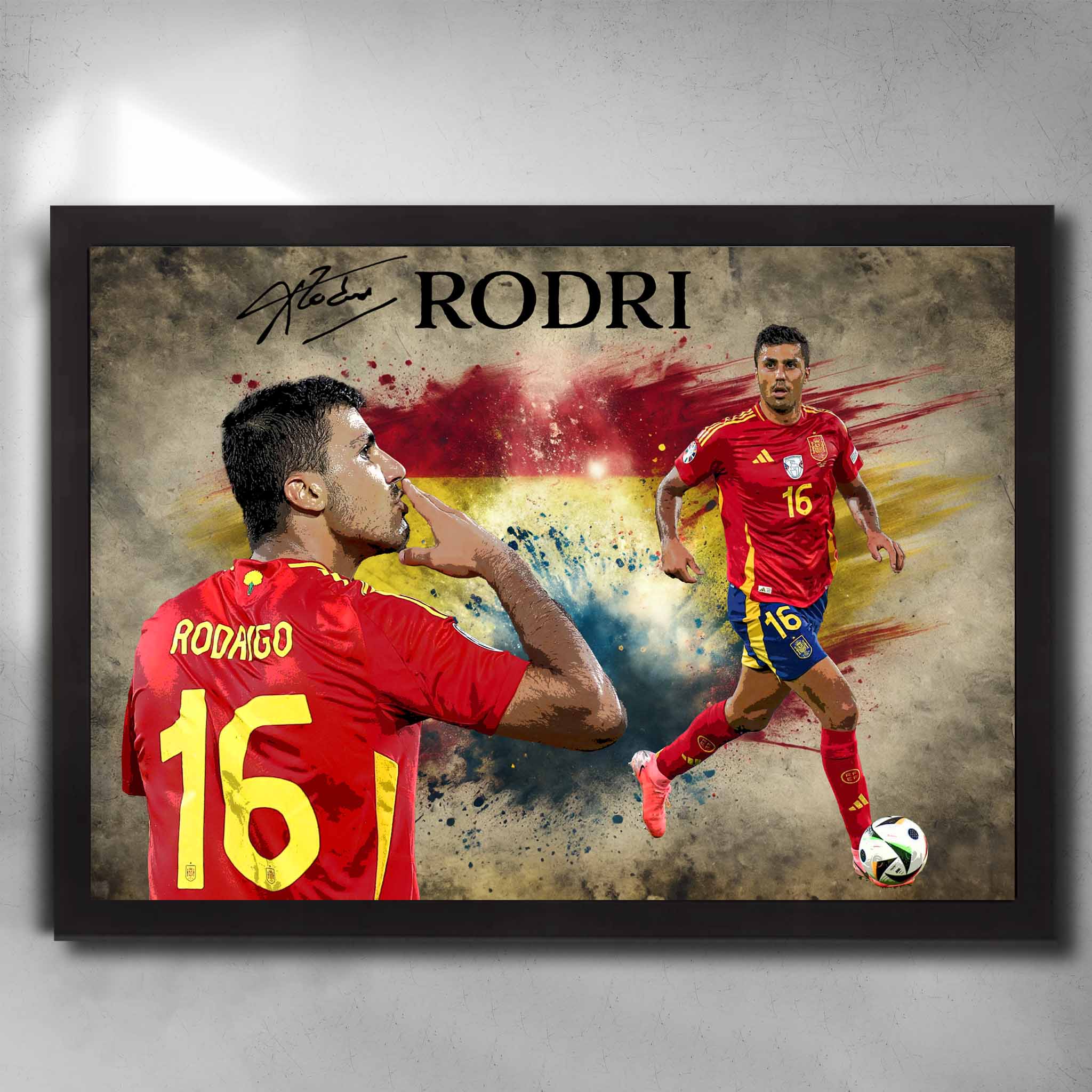 Black famed Rodri Spain Soccer Art by Sports Cave.