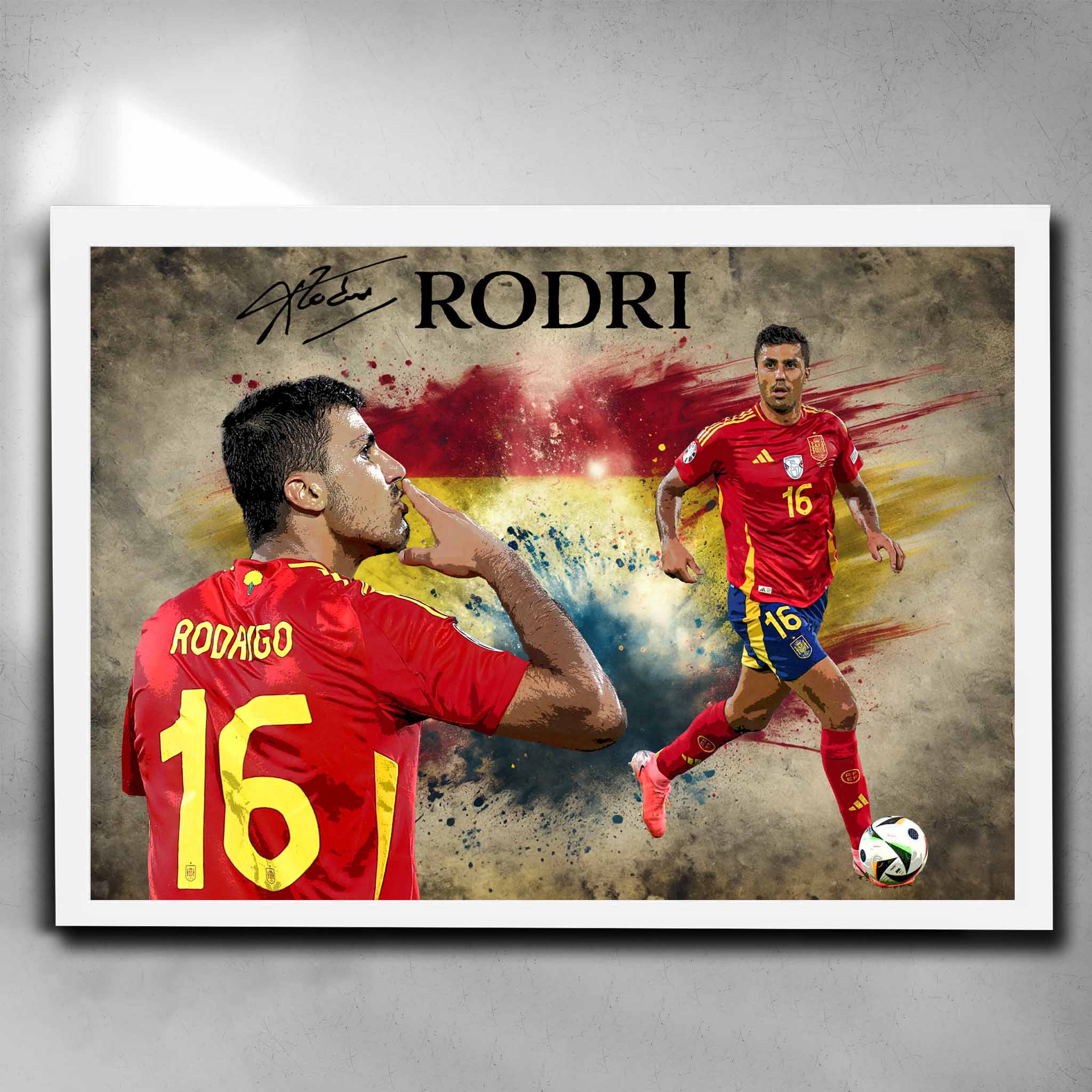 White famed Rodri Spain Soccer Art by Sports Cave.