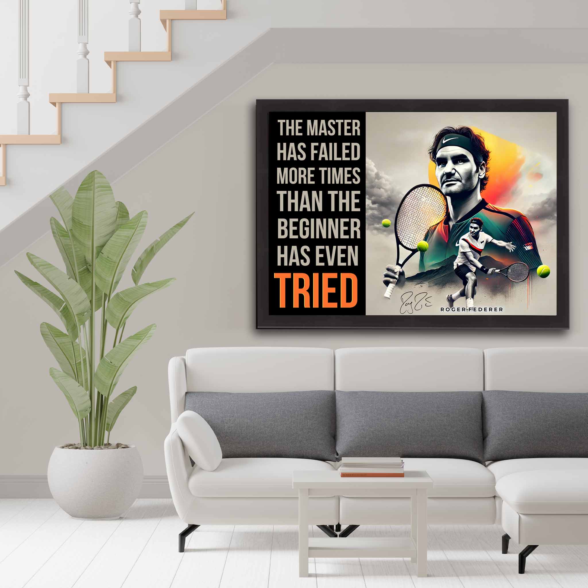 Tennis fan with a framed signed print of Roger Federer displayed as home decor.