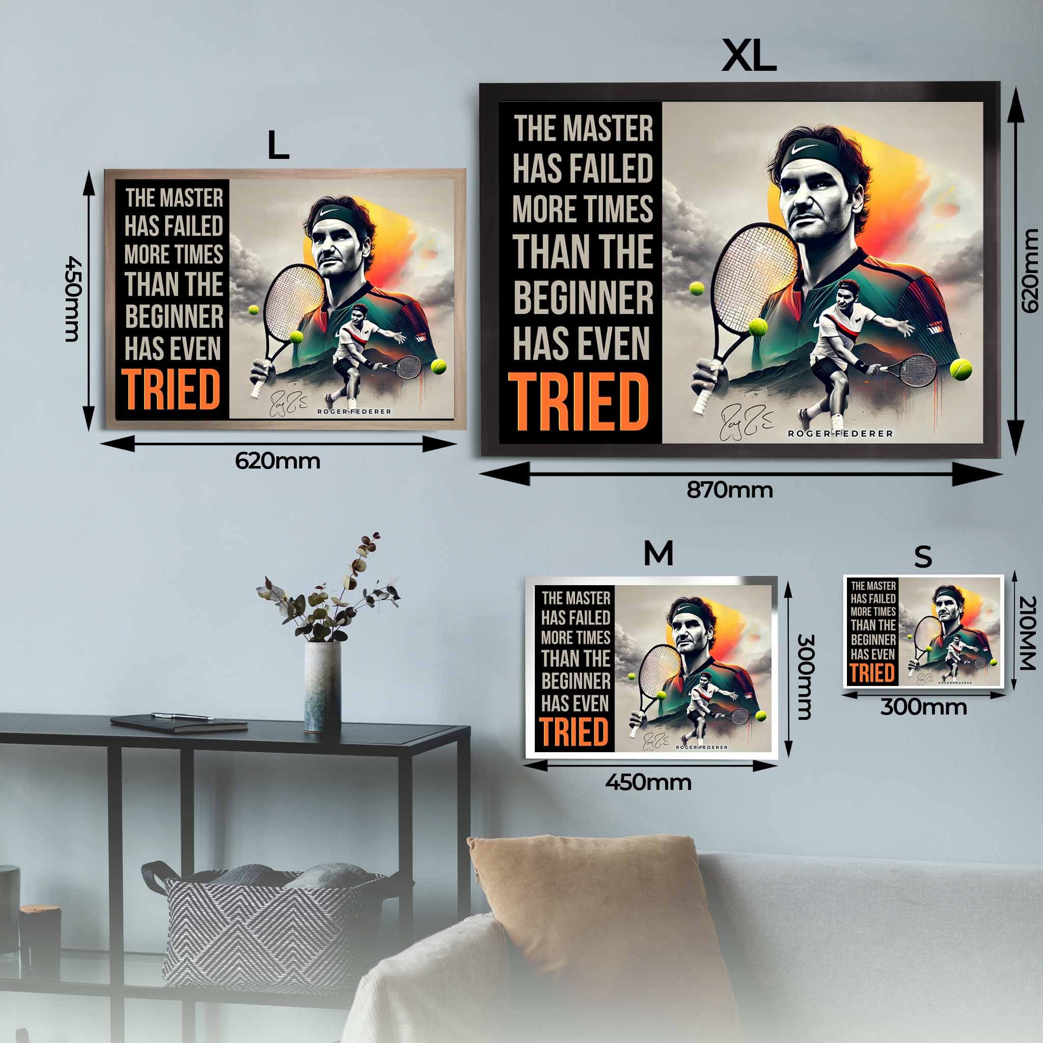 Roger Federer Motivational Quote Tennis Framed Art Sizing Guide.