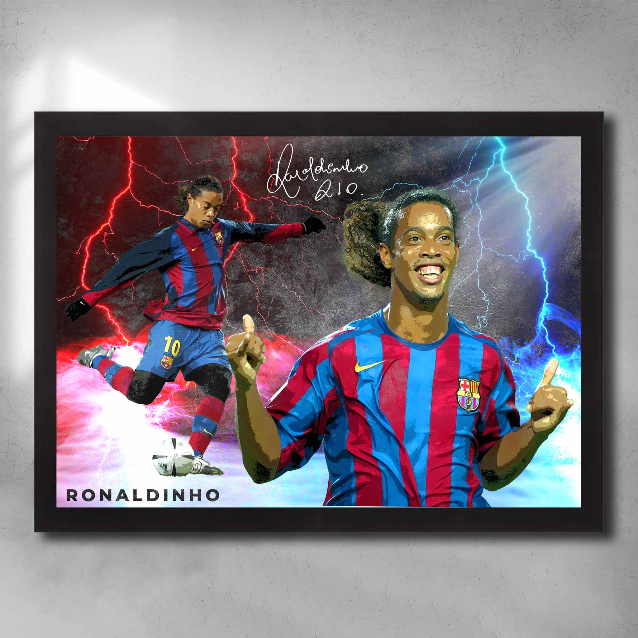 Black framed soccer art by Sports Cave, featuring the football legend Ronaldinho from Barcelona FC.