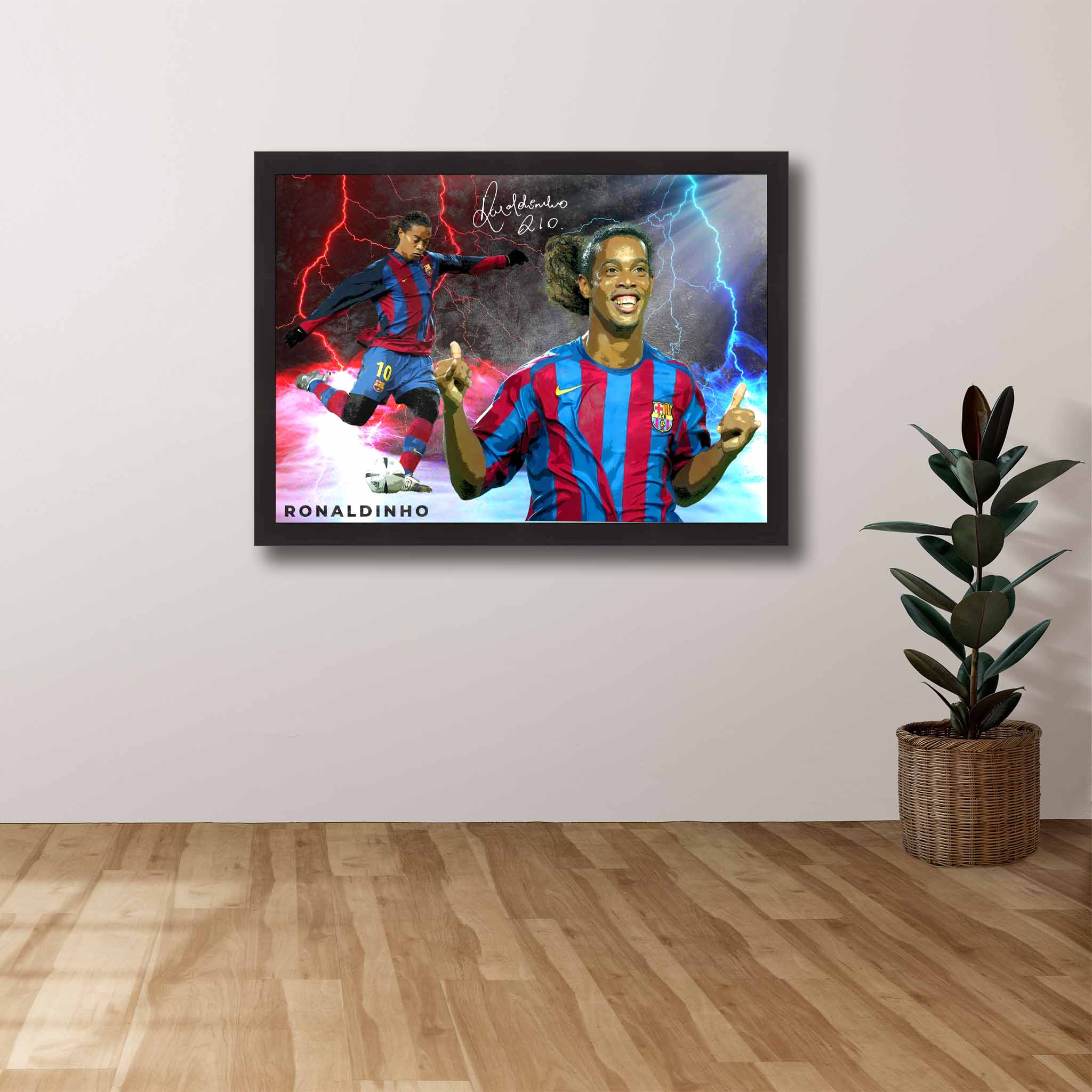 Devoted Barcelona FC fan's tribute: Ronaldinho framed art proudly displayed on the wall.