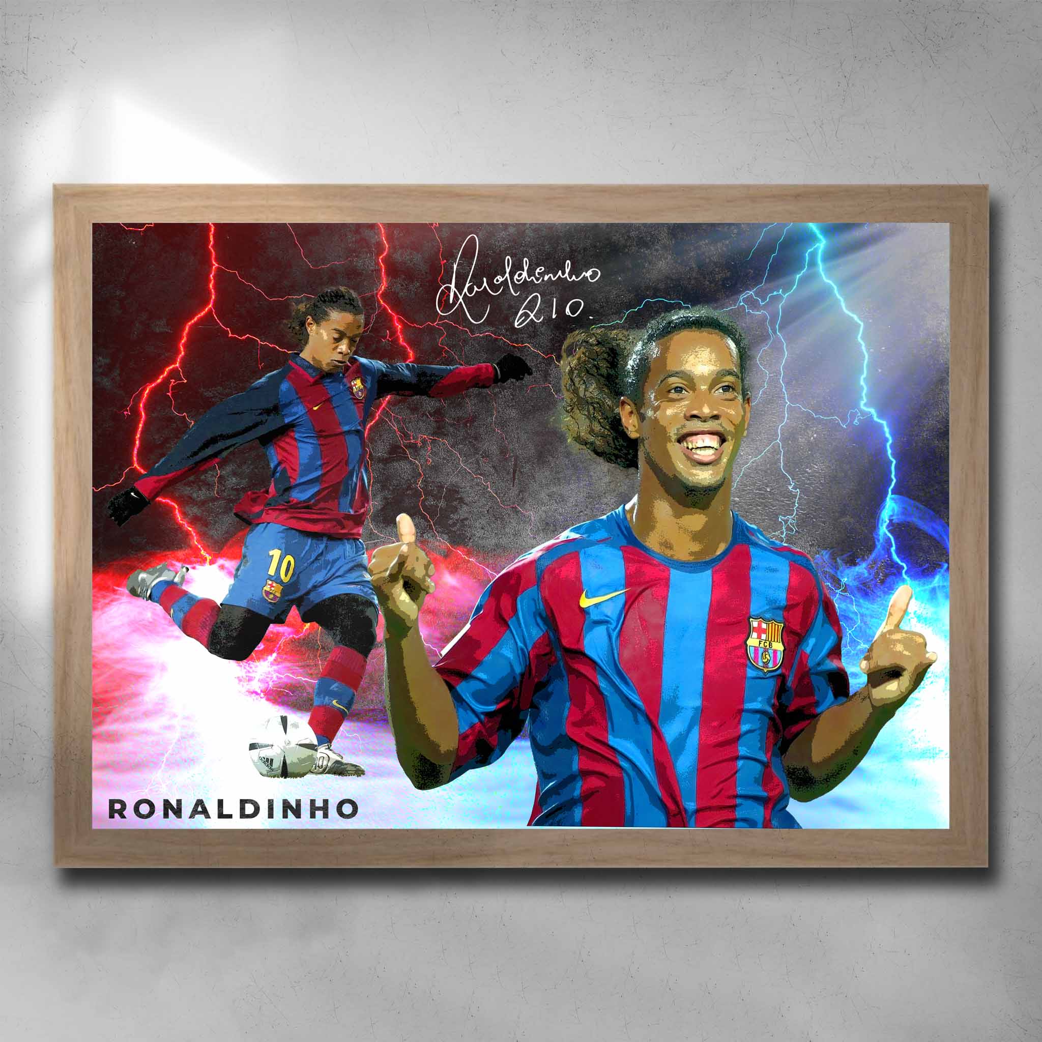 Oak framed soccer art by Sports Cave, featuring the football legend Ronaldinho from Barcelona FC.