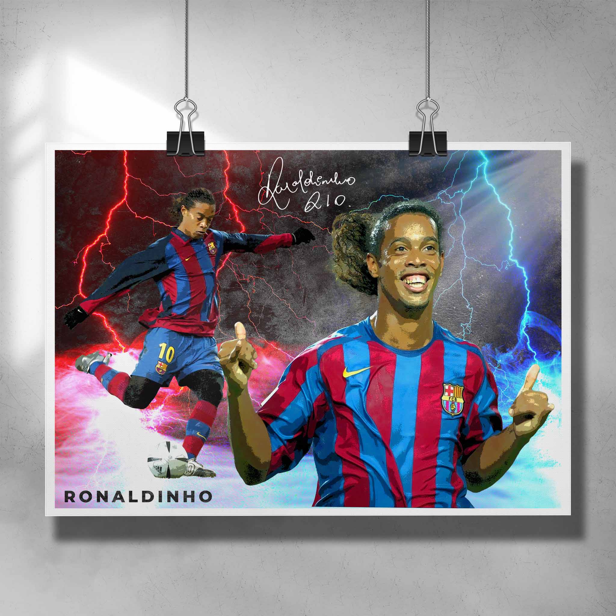 Unique soccer poster by Sports Cave, featuring the football legend Ronaldinho from Barcelona FC.