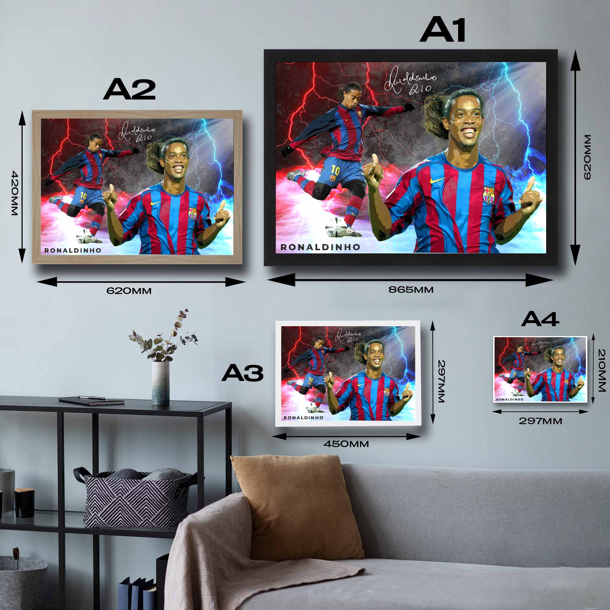 Visual representation of Ronaldinho framed art size options, ranging from A4 to A2, for selecting the right size for your space.