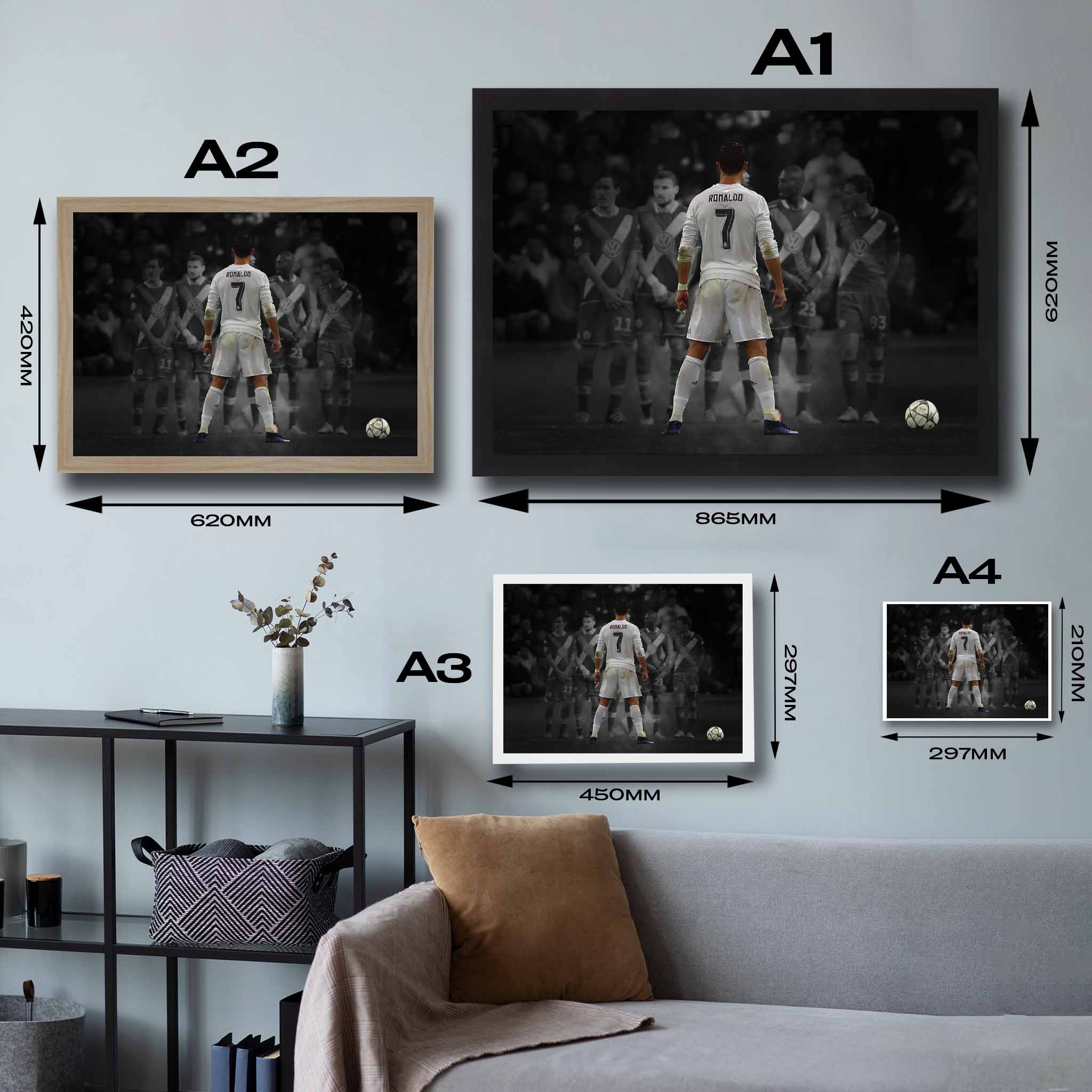 Visual representation of Cristiano Ronaldo free kick framed art size options, ranging from S 21×29.7cm to L 42×62cm, for selecting the right size for your space.