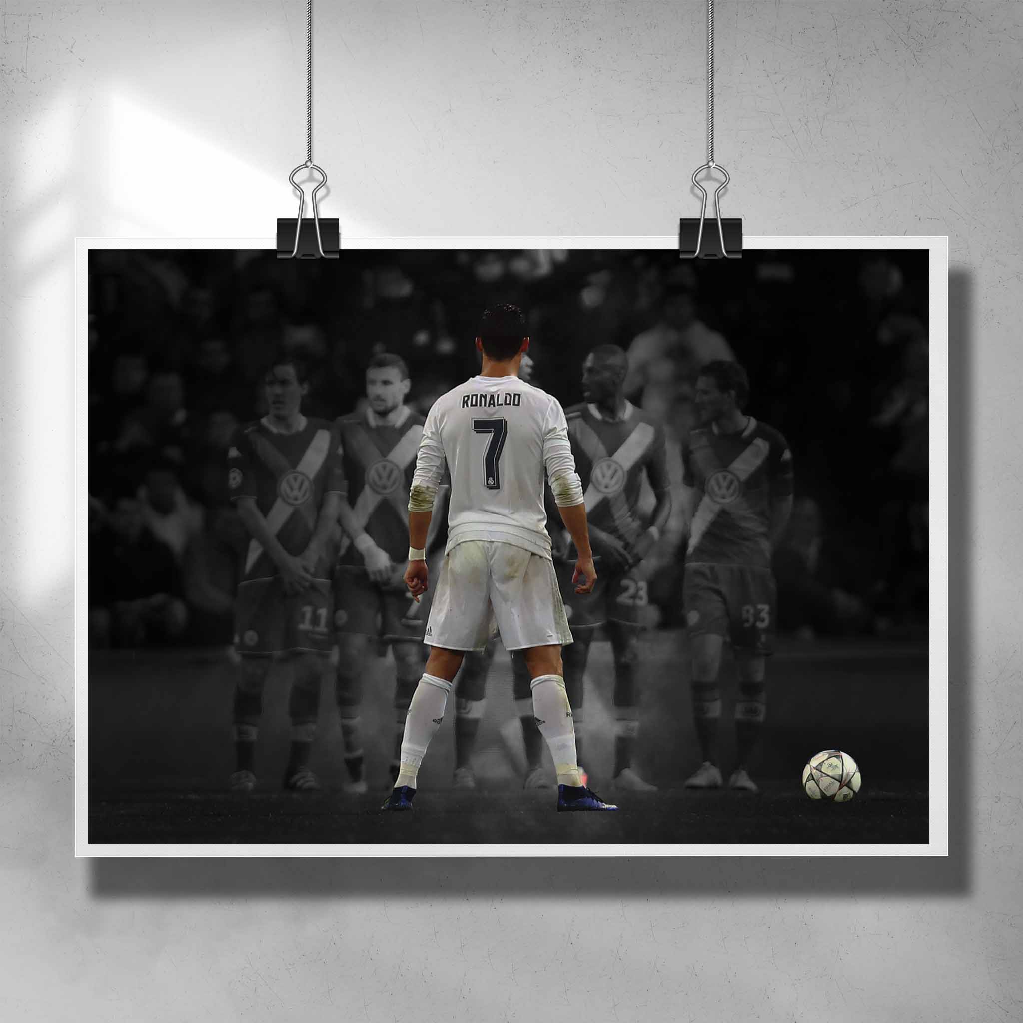 Soccer poster by Sports Cave, featuring Cristiano Ronaldo taking a free kick.