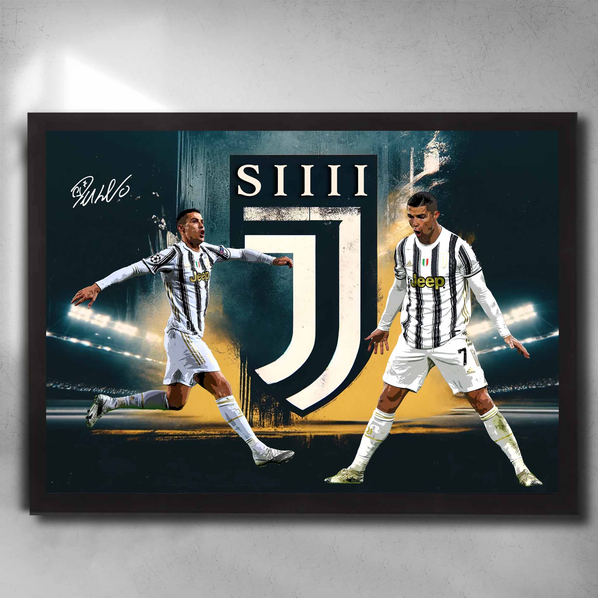 Black framed soccer art by Sports Cave, featuring Cristiano Ronaldo doing "Siiii" celebration for Juventus.