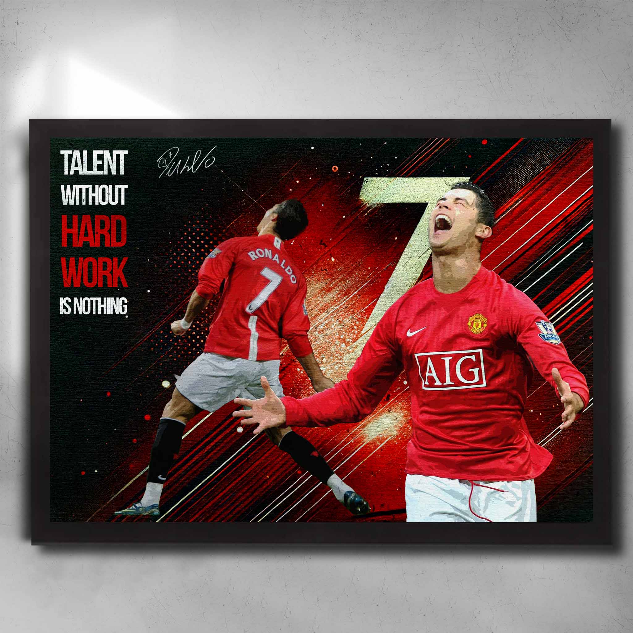 Black framed Soccer poster by Sports Cave featuring soccer legend Cristiano Ronaldo "Talent without hard work is nothing".