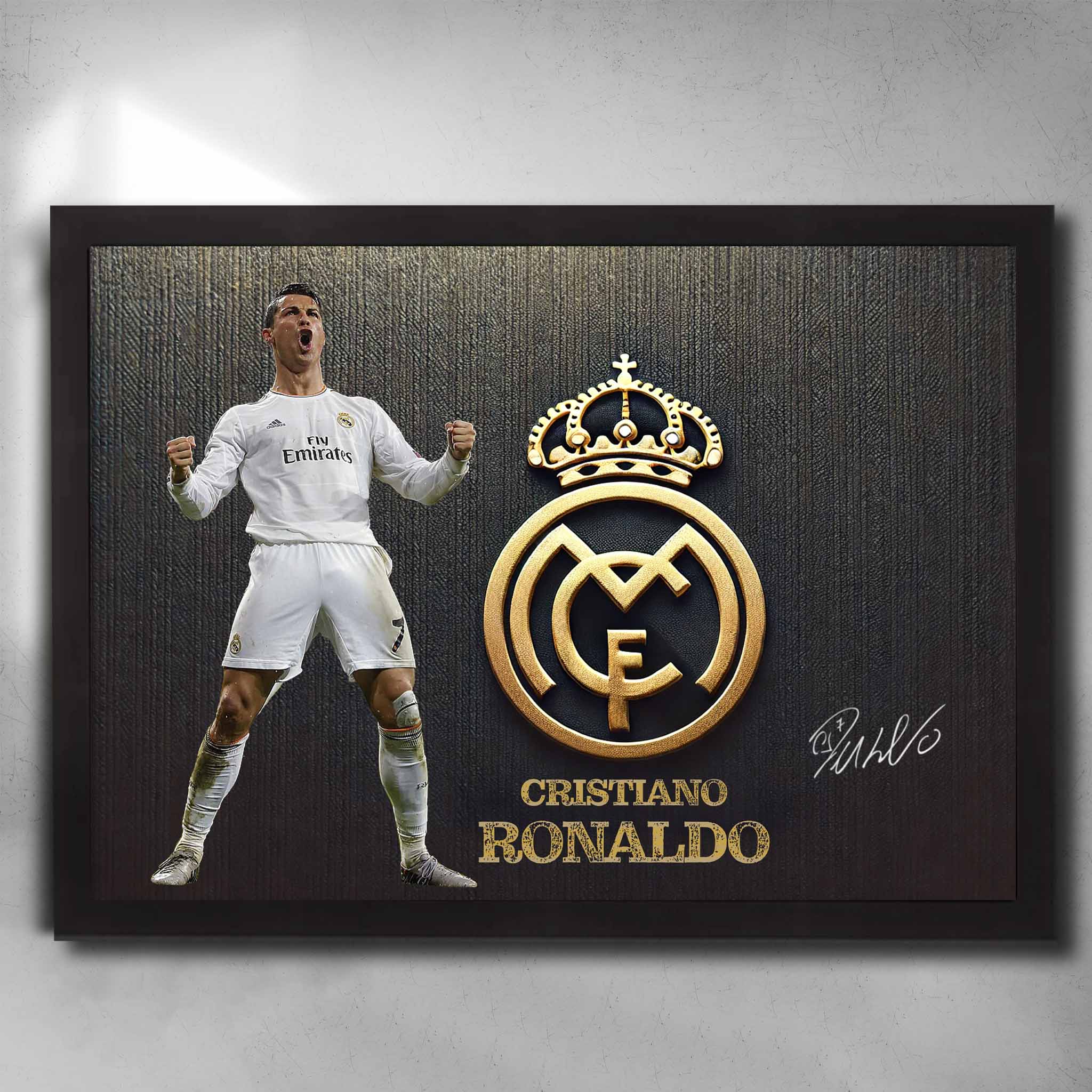 Cristiano Ronaldo framed art print in black featuring Real Madrid gold crest and signature. Perfect for football fans and collectors. Available framed or unframed