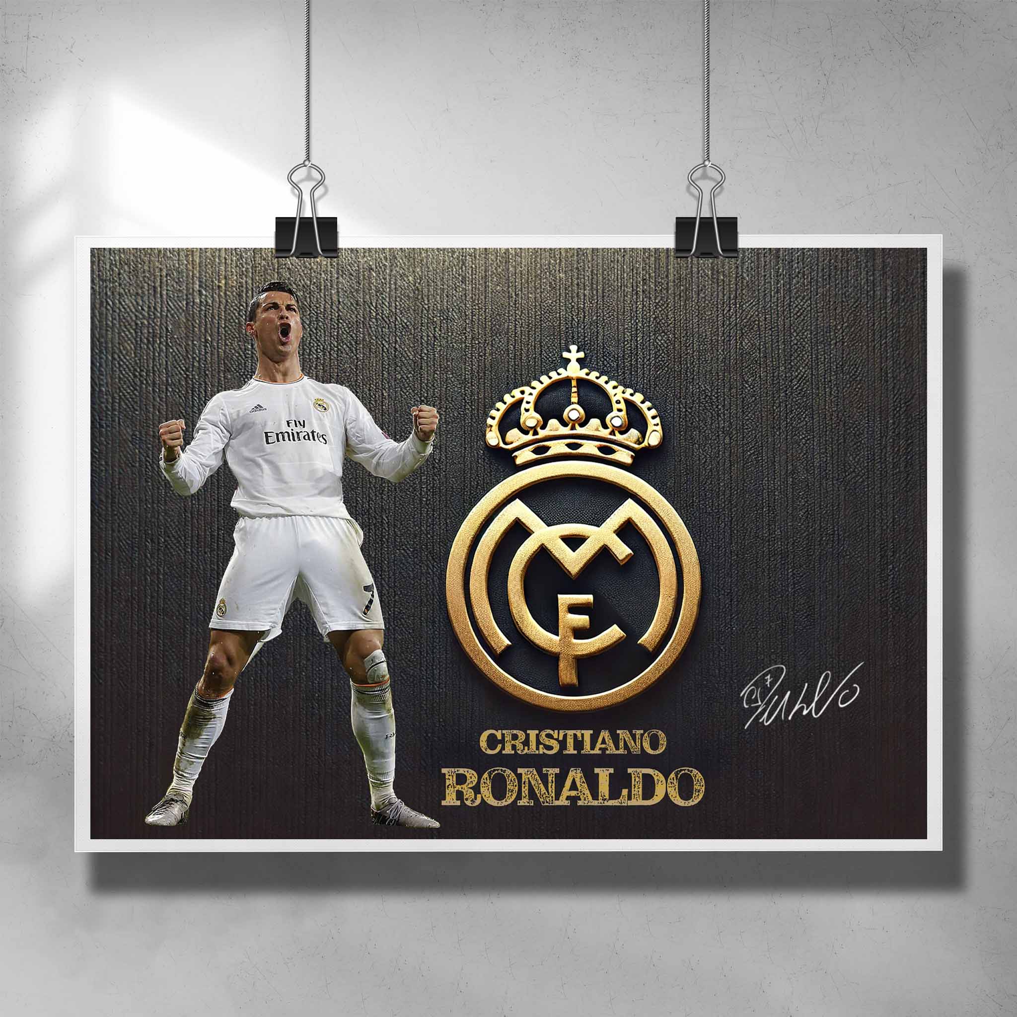 Cristiano Ronaldo art poster in black featuring Real Madrid gold crest and signature. Perfect for football fans and collectors. Available framed or unframed