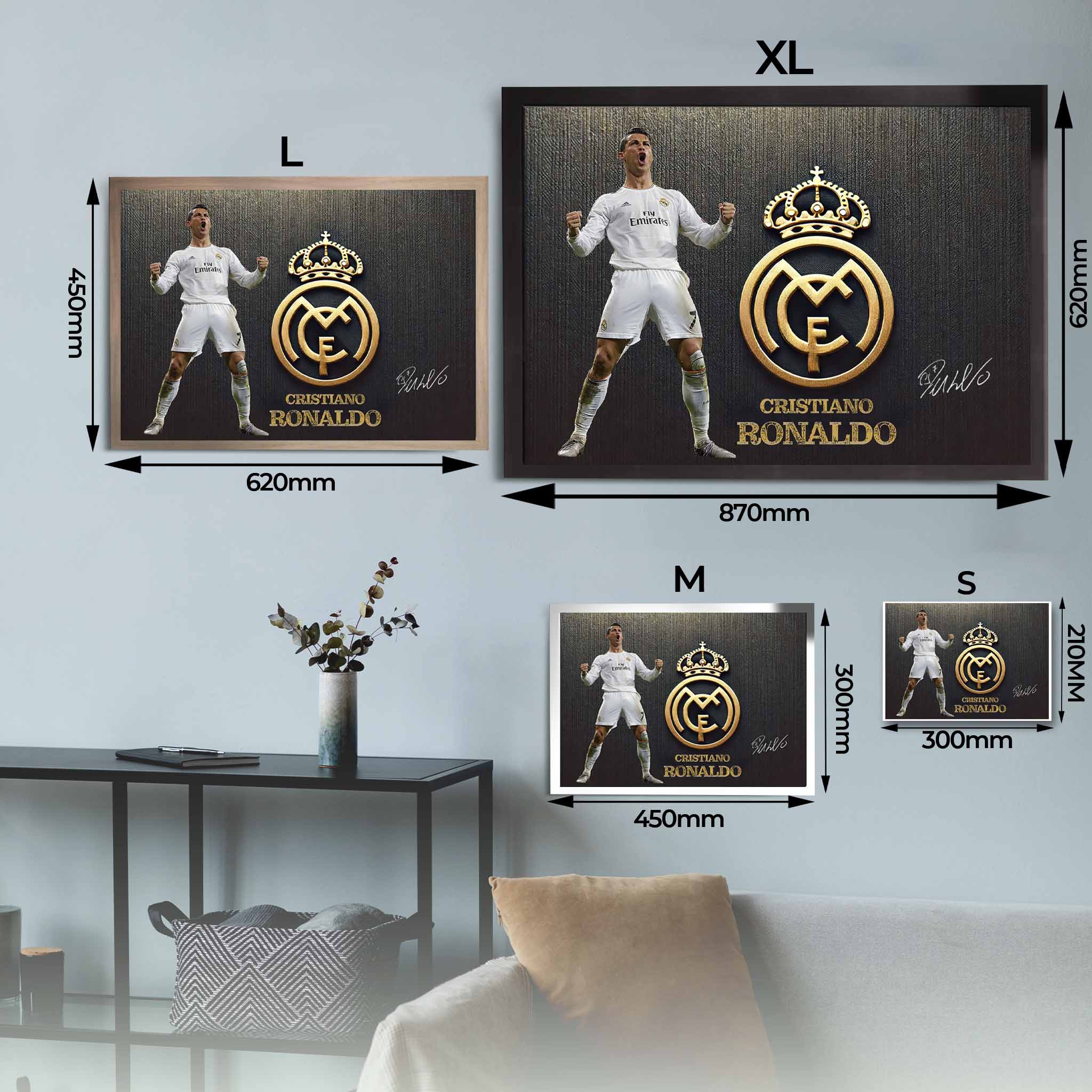 Cristiano Ronaldo framed art sizing guide featuring Real Madrid logo. Available in XL, L, M, and S sizes to fit your space perfectly.