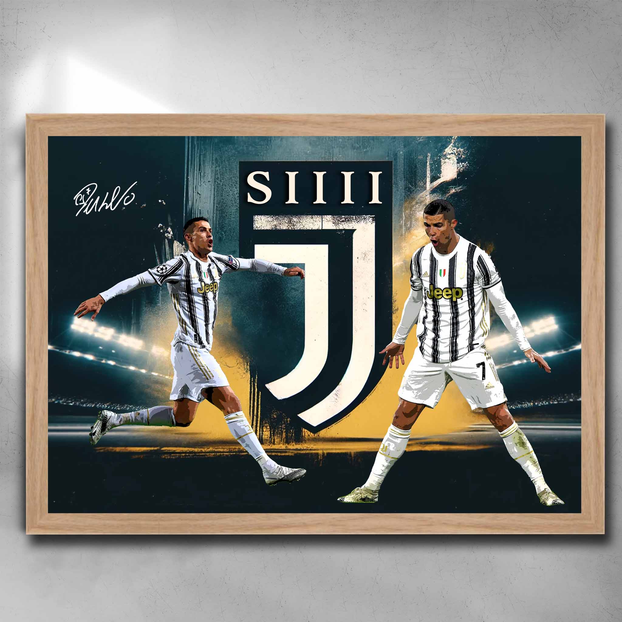 Oak framed soccer art by Sports Cave, featuring Cristiano Ronaldo doing "Siiii" celebration for Juventus.