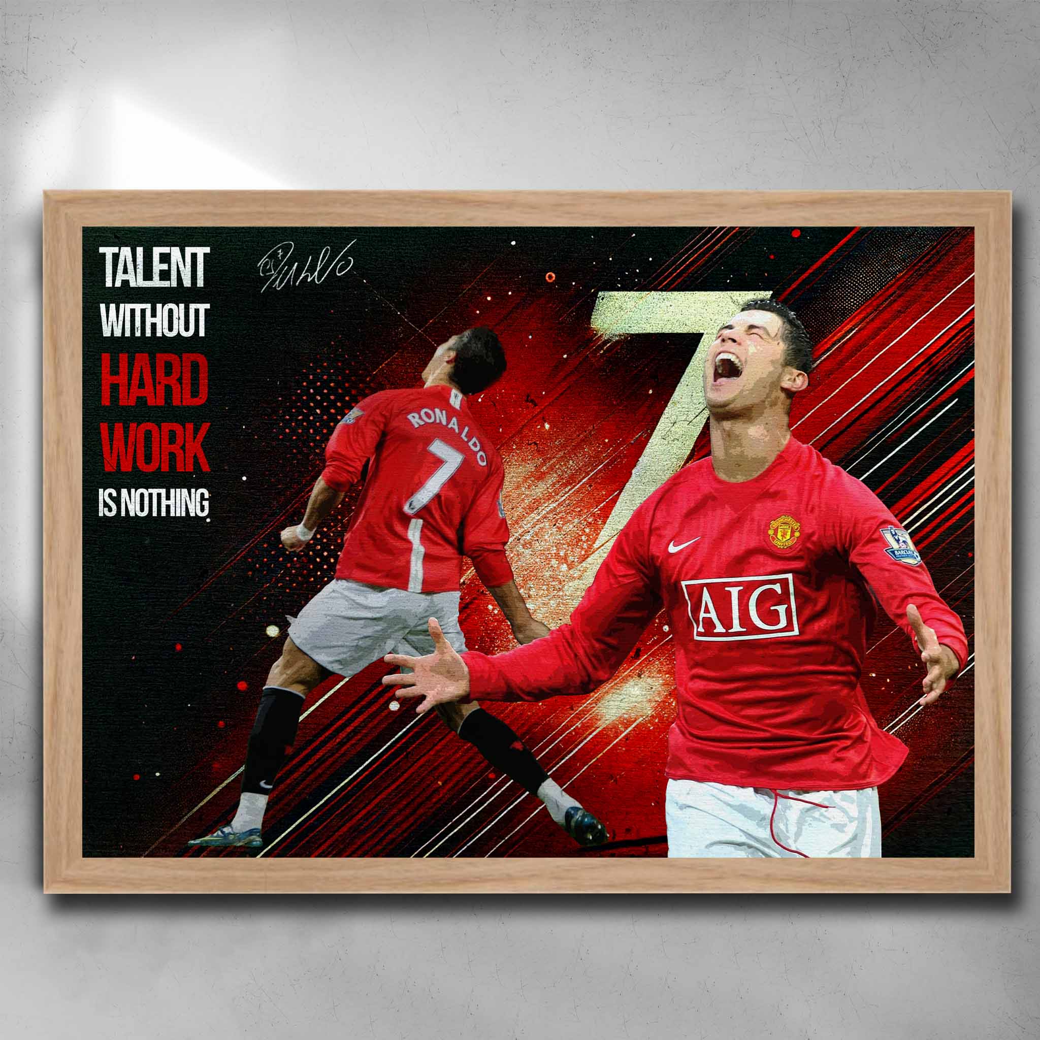 Oak framed Soccer poster by Sports Cave featuring soccer legend Cristiano Ronaldo "Talent without hard work is nothing".