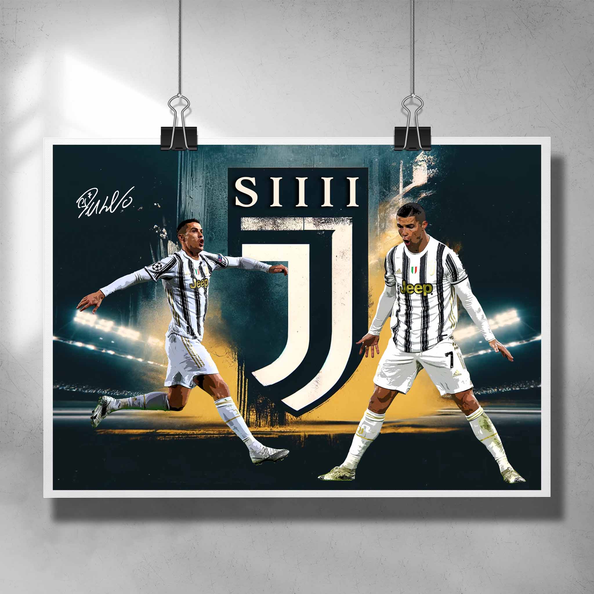 CR7 Poster by Sports Cave, featuring Cristiano Ronaldo doing "Siiii" celebration for Juventus.