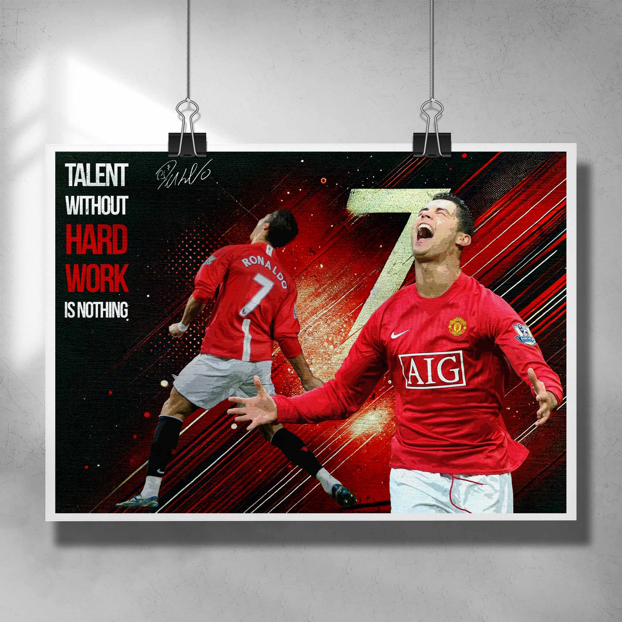 Soccer poster by Sports Cave featuring soccer legend Cristiano Ronaldo "Talent without hard work is nothing".