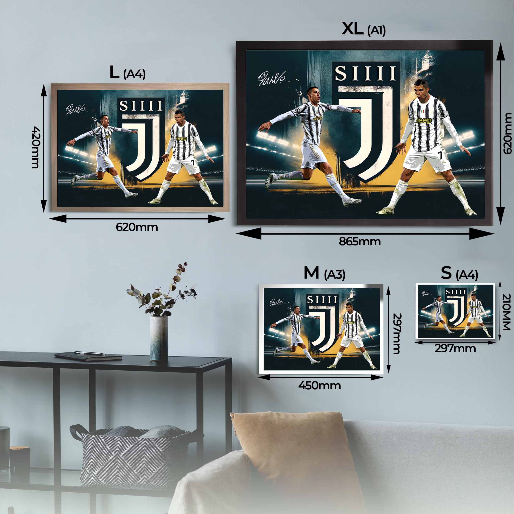 Cristiano Ronaldo Siiii Framed Art Sizing Guide.