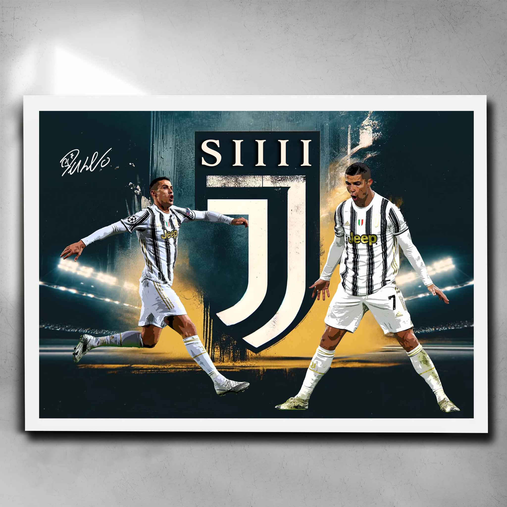 White framed soccer art by Sports Cave, featuring Cristiano Ronaldo doing "Siiii" celebration for Juventus.