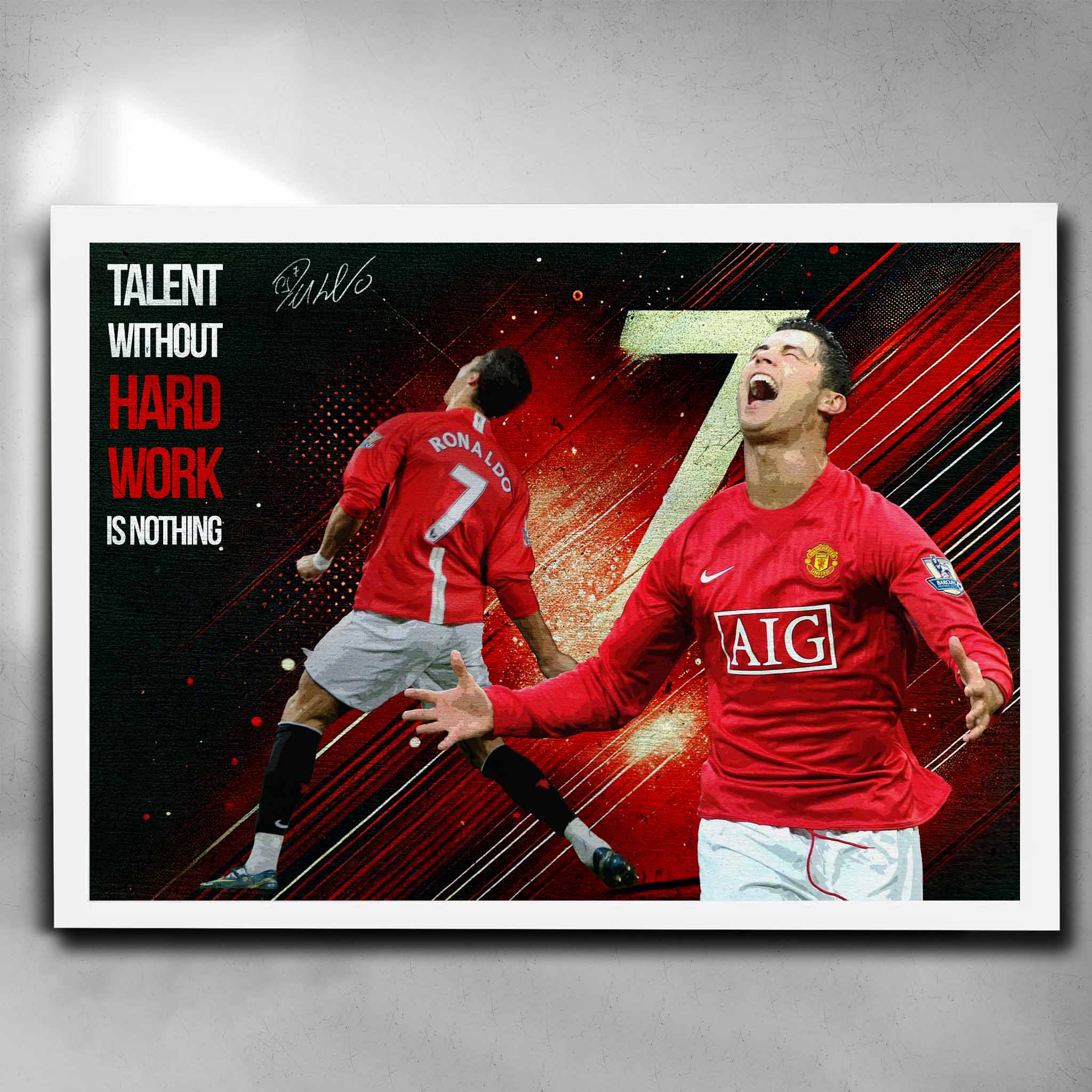 White framed Soccer poster by Sports Cave featuring soccer legend Cristiano Ronaldo "Talent without hard work is nothing".