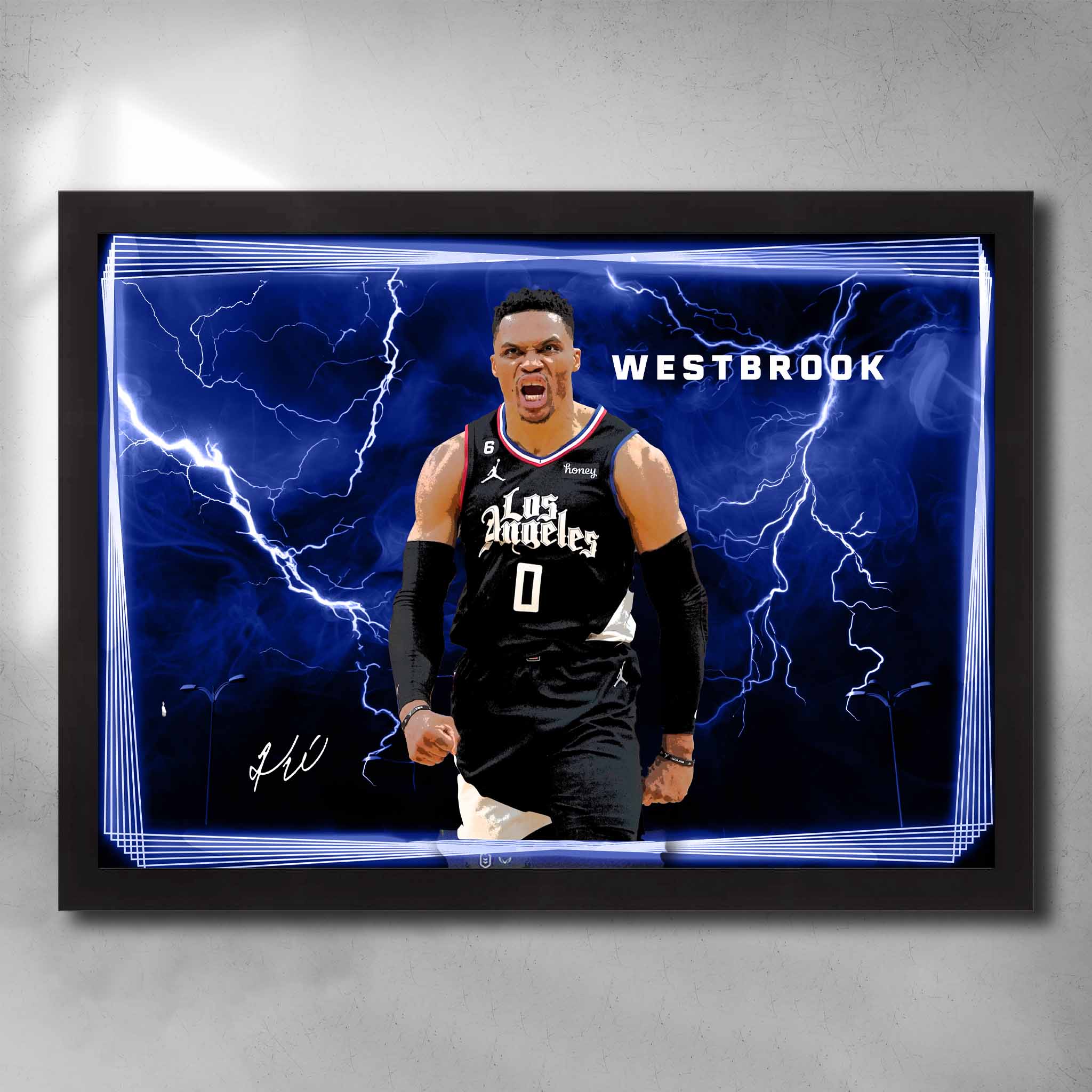 Black framed NBA Art by Sports Cave featuring Russel Westbrook from the Los Angeles Clippers.