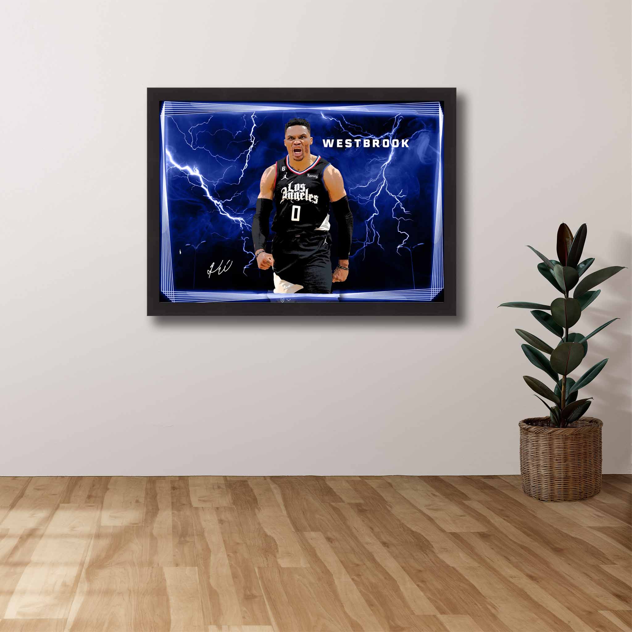 Devoted LA Clippers fan's tribute: Russel Wetbrook framed art proudly displayed on the wall.