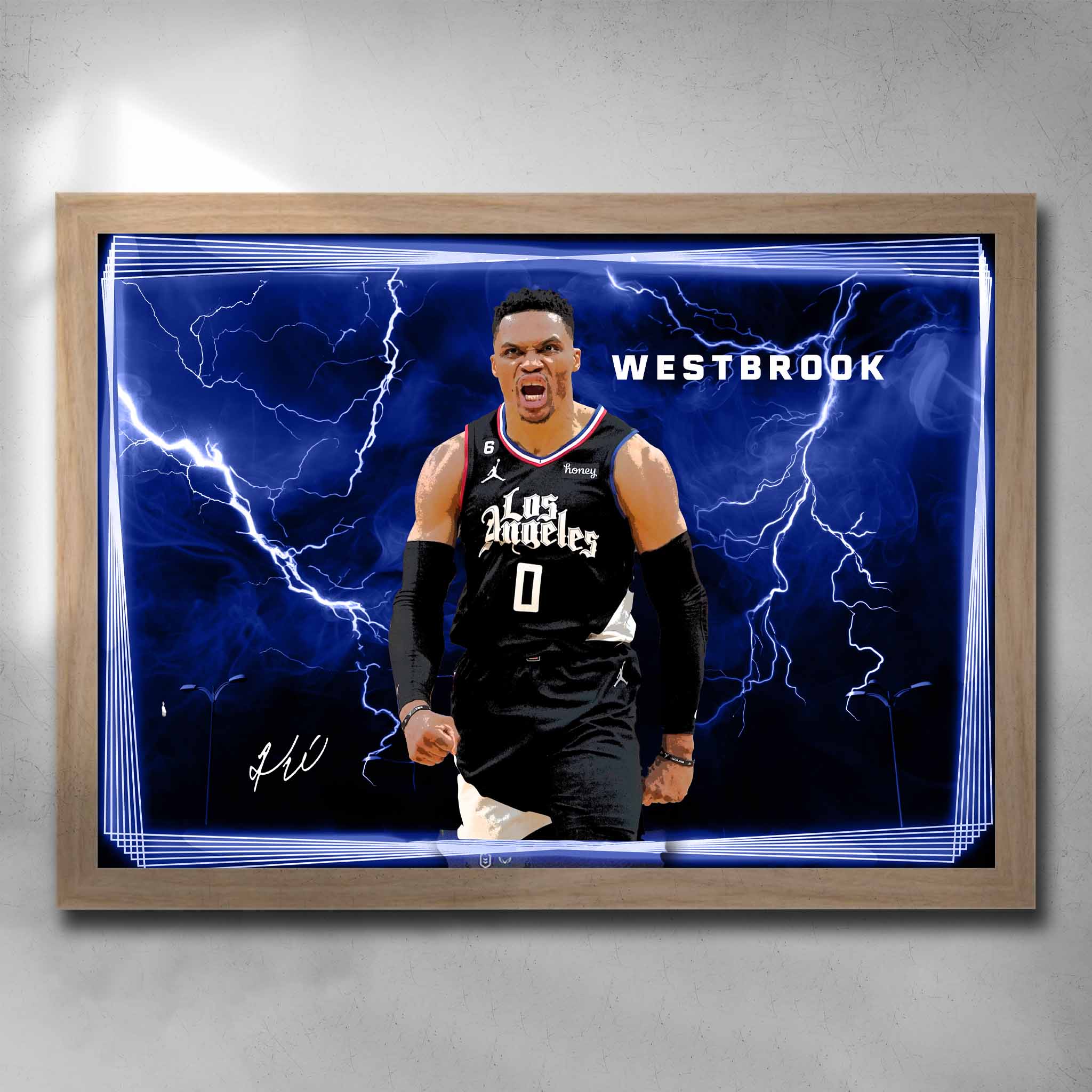 Oak framed NBA Art by Sports Cave featuring Russel Westbrook from the Los Angeles Clippers.