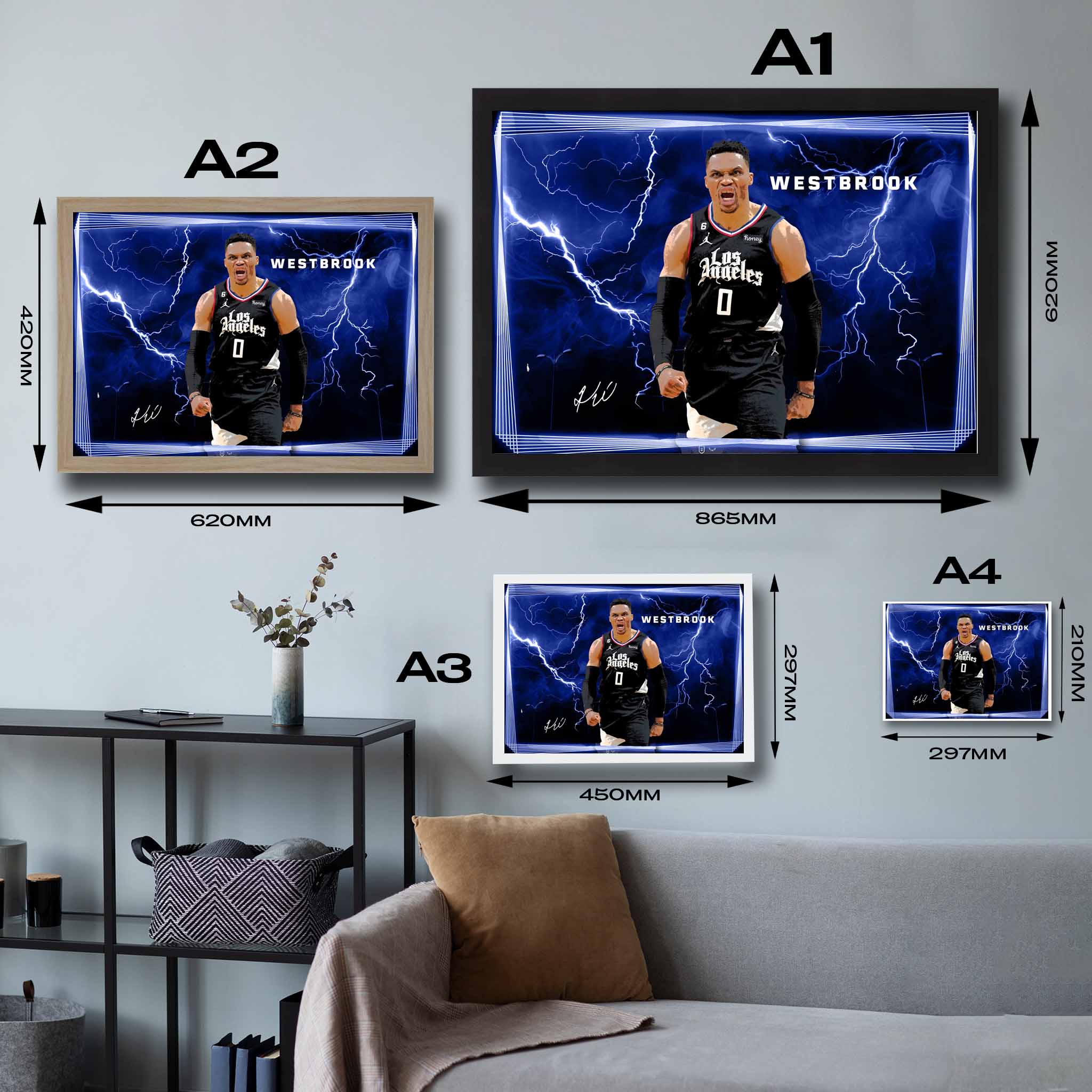 Visual representation of Russel Westbrook framed art size options, ranging from A4 to A2, for selecting the right size for your space.