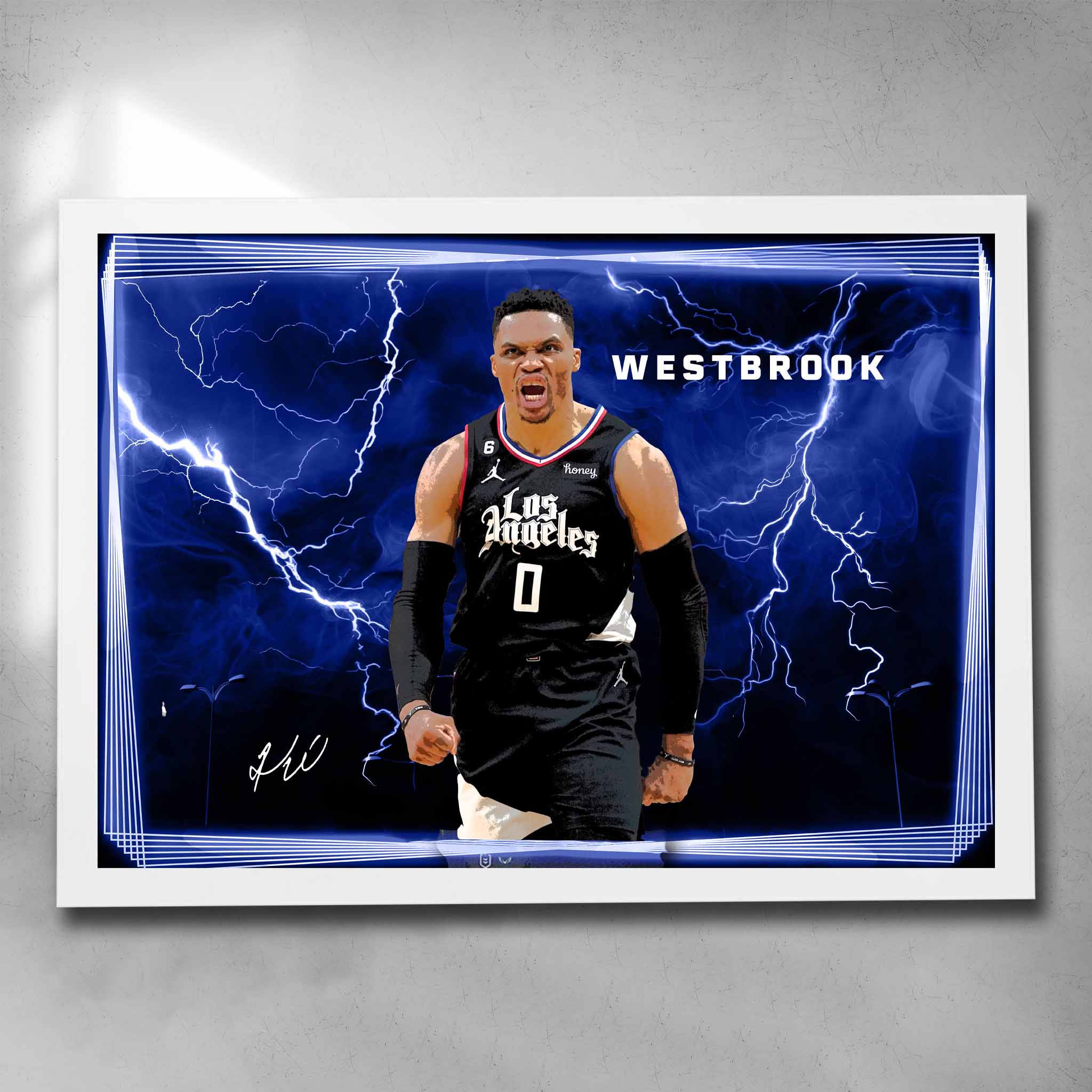 White framed NBA Art by Sports Cave featuring Russel Westbrook from the Los Angeles Clippers.