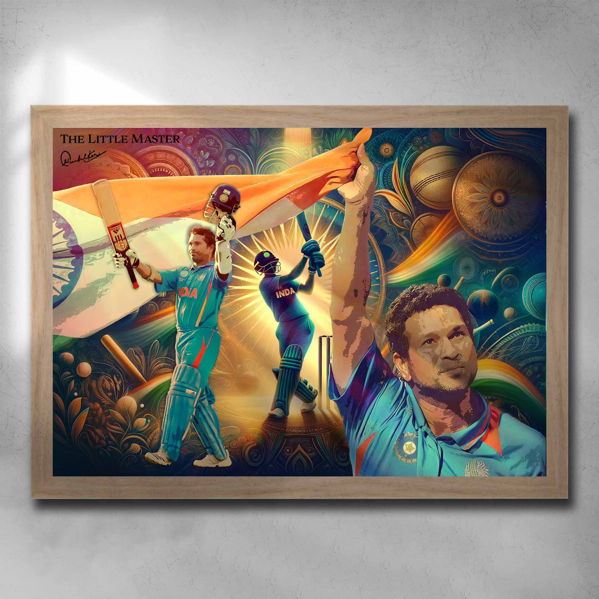 Oak framed cricket art featuring Sachin Tendulkar "The Little Master" playing for India in a ODI - Artwork by Sports Cave.