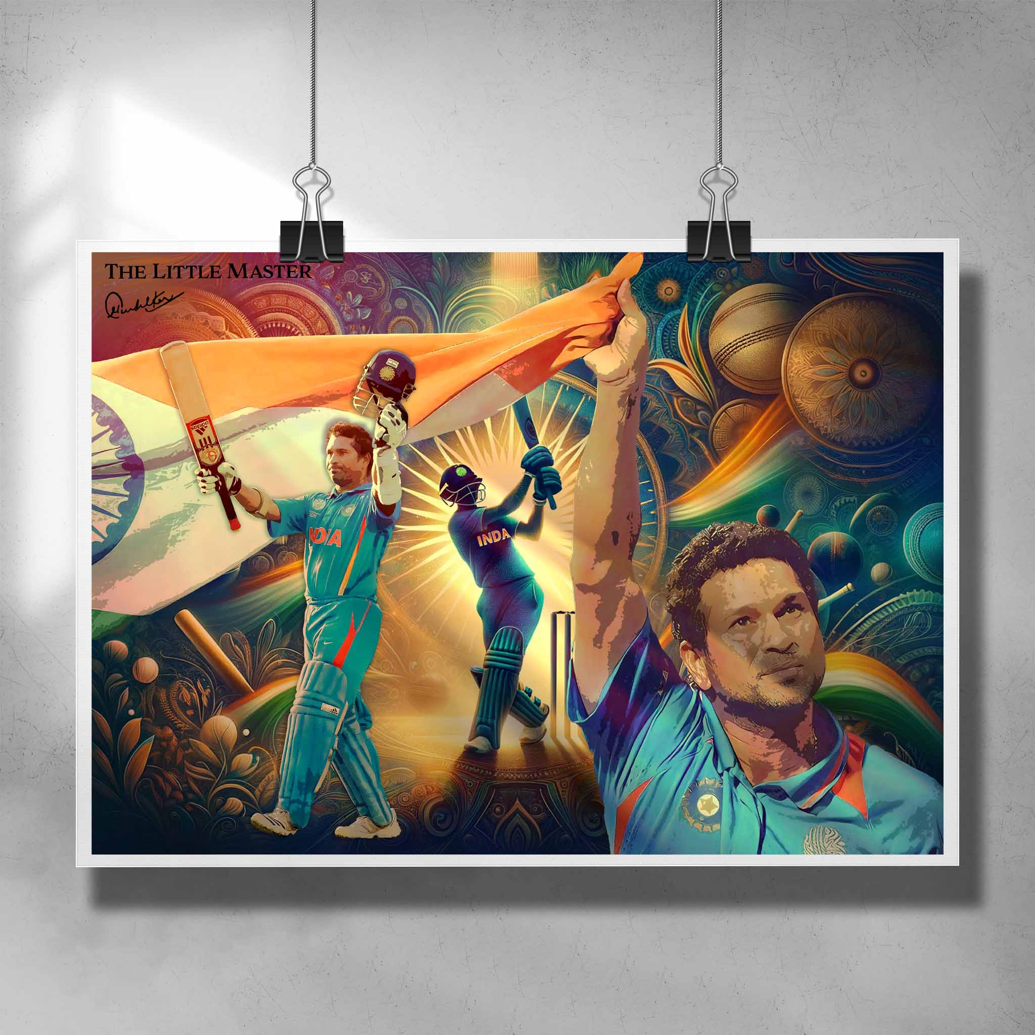 Unique cricket poster featuring Sachin Tendulkar "The Little Master" playing for India in a ODI - Artwork by Sports Cave.