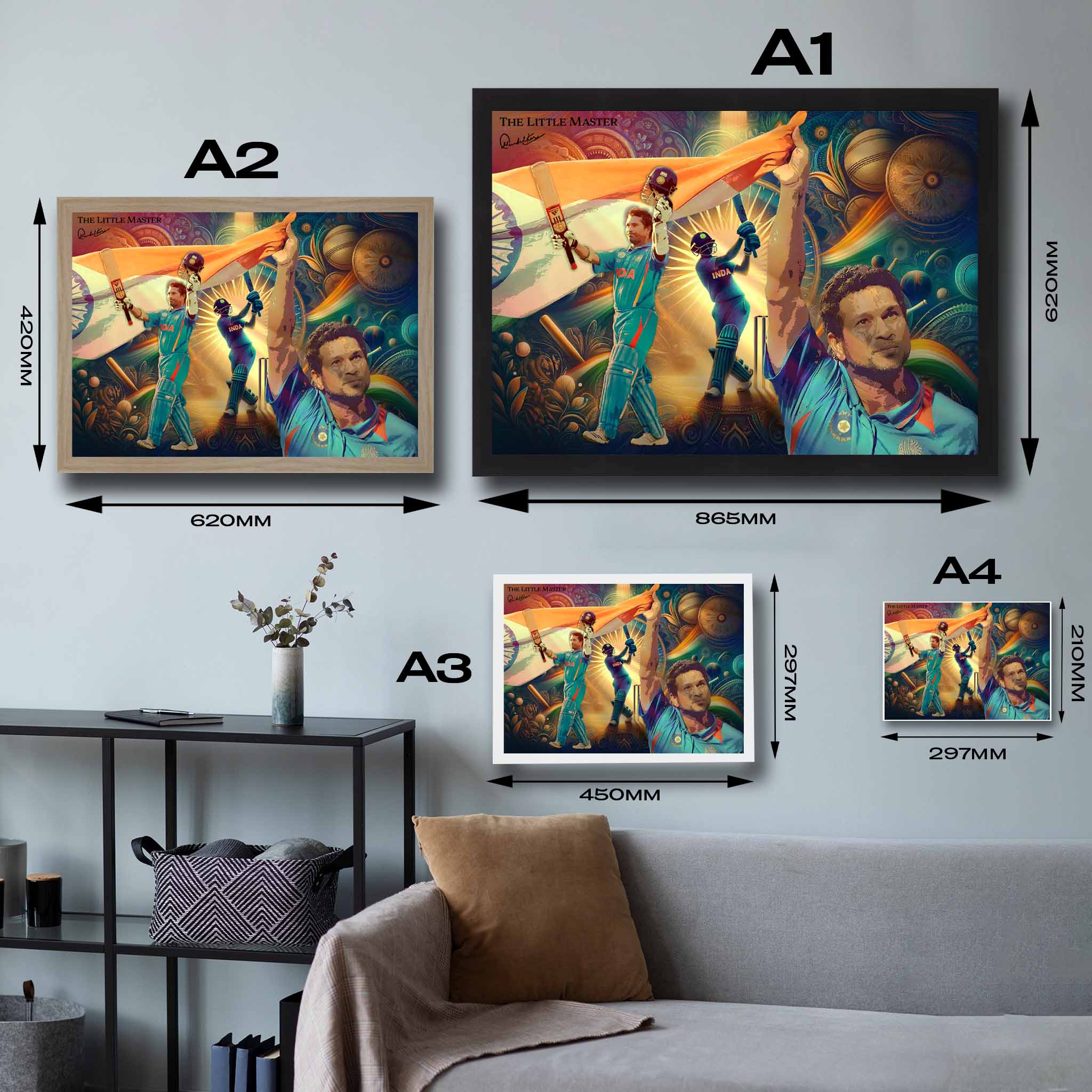 Visual representation of Sachin Tendulkar framed art size options, ranging from A4 to A2, to assist customers in selecting the right size for their space and preferences.