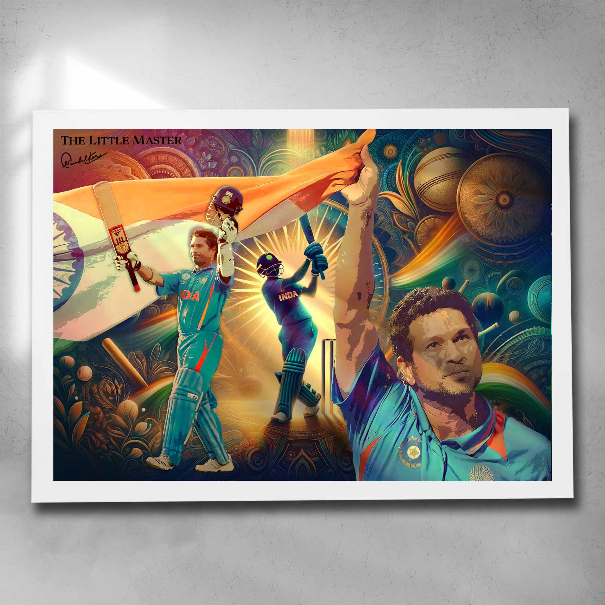 White framed cricket art featuring Sachin Tendulkar "The Little Master" playing for India in a ODI - Artwork by Sports Cave.