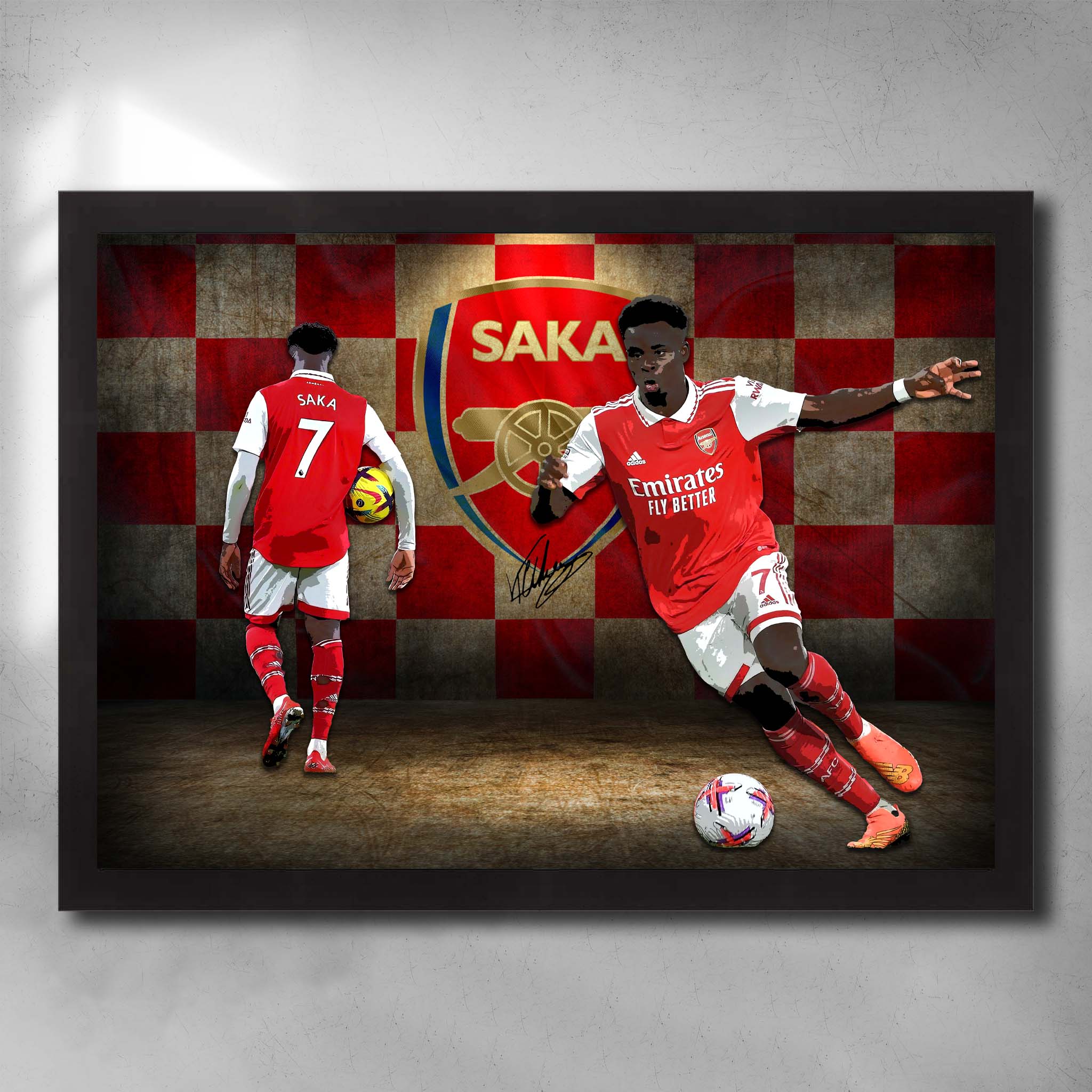 Black framed soccer art by Sports Cave, featuring Bukayo Saka from Arsenal Football Club.