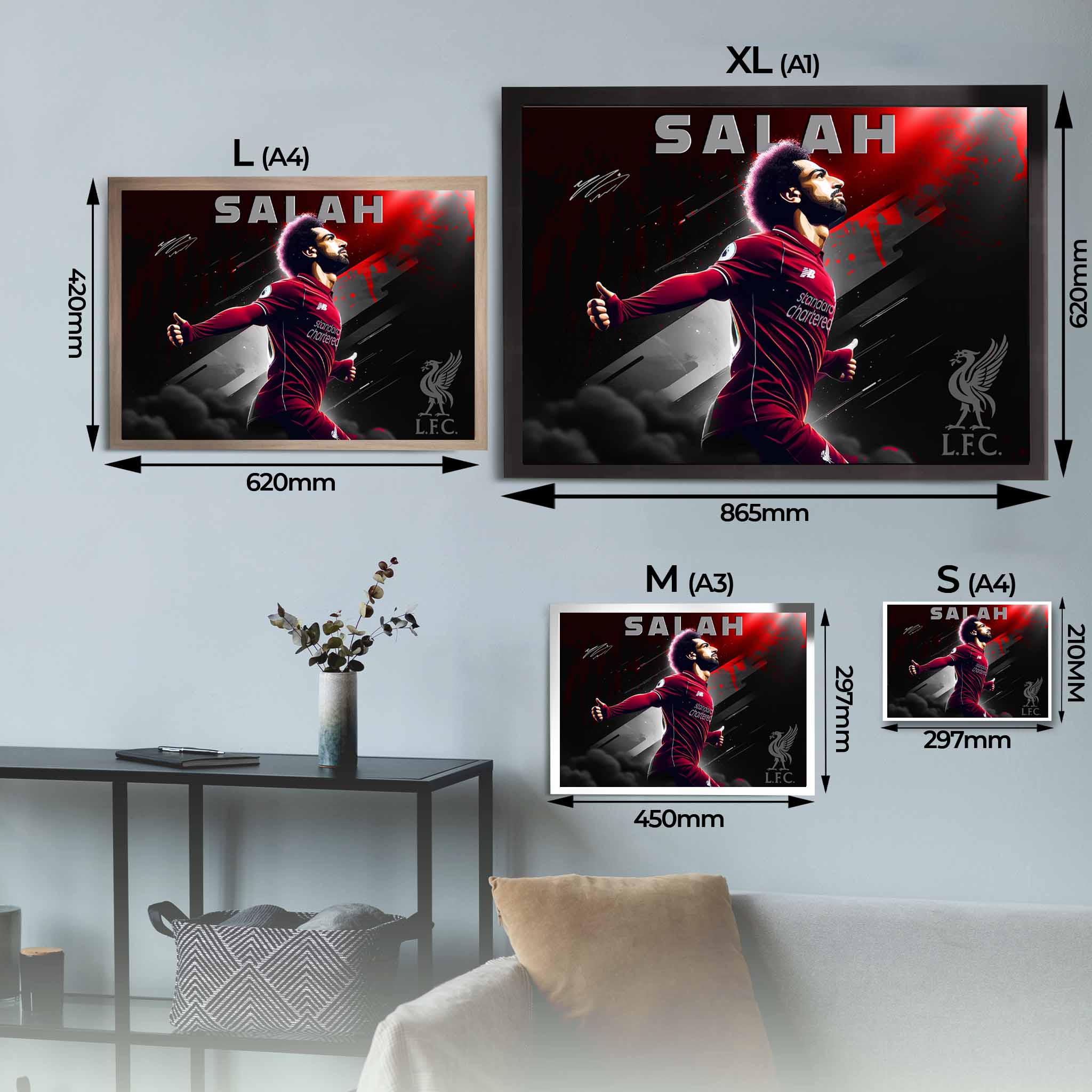 Visual representation of Mohamed Salah framed art size options, ranging from A4 to A2, to assist customers in selecting the right size for their space and preferences.