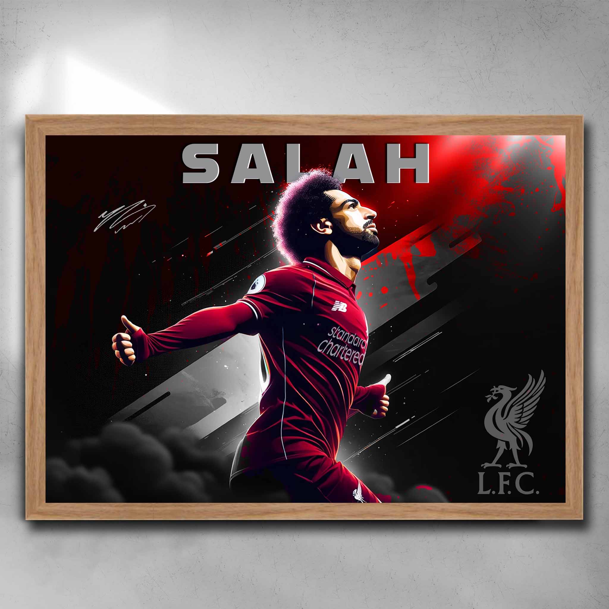 Oak framed soccer art featuring a signed print of Mohamed Salah from Liverpool FC - Artwork by Sports Cave.