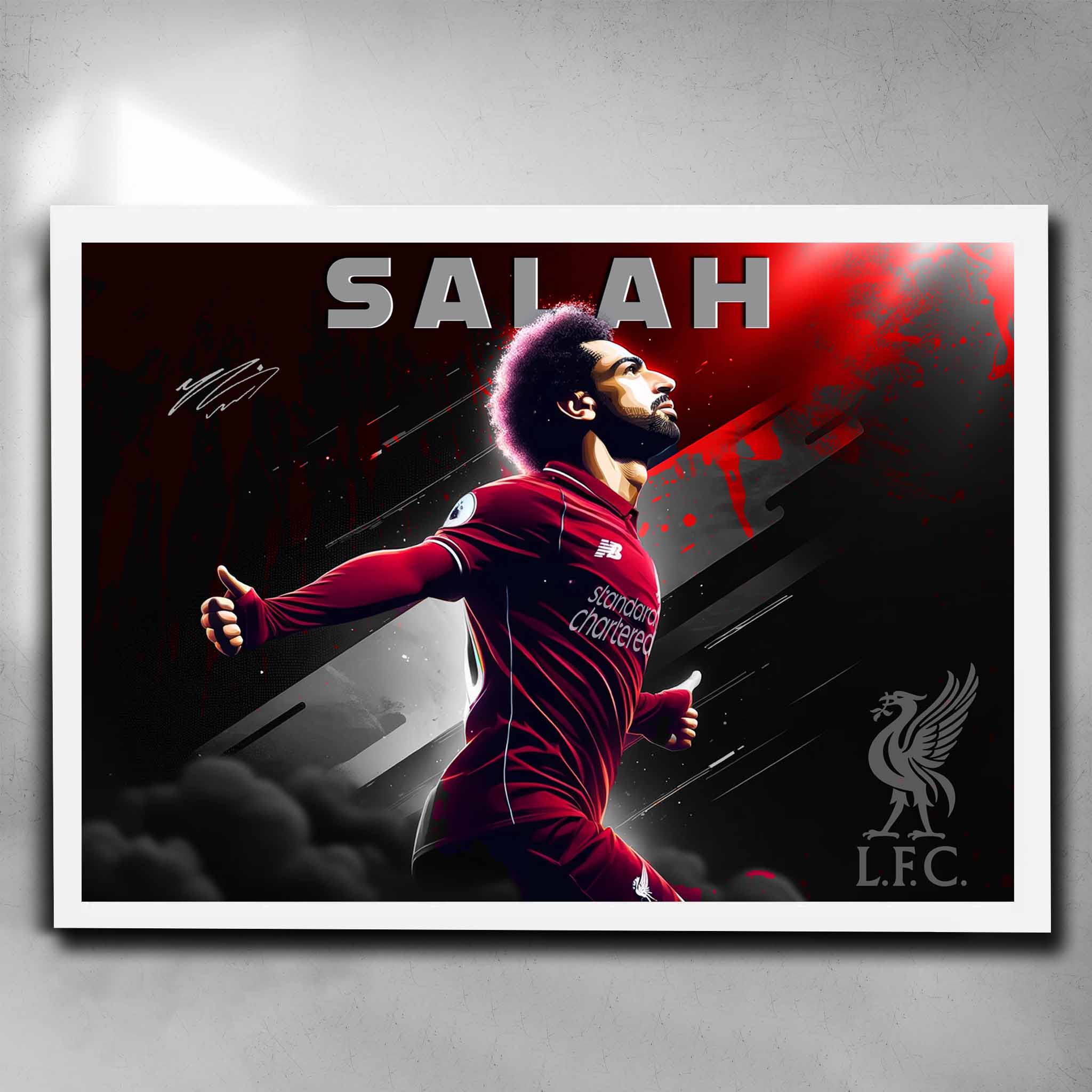 Elegant white framed soccer art featuring a signed print of Mohamed Salah from Liverpool FC - Artwork by Sports Cave.