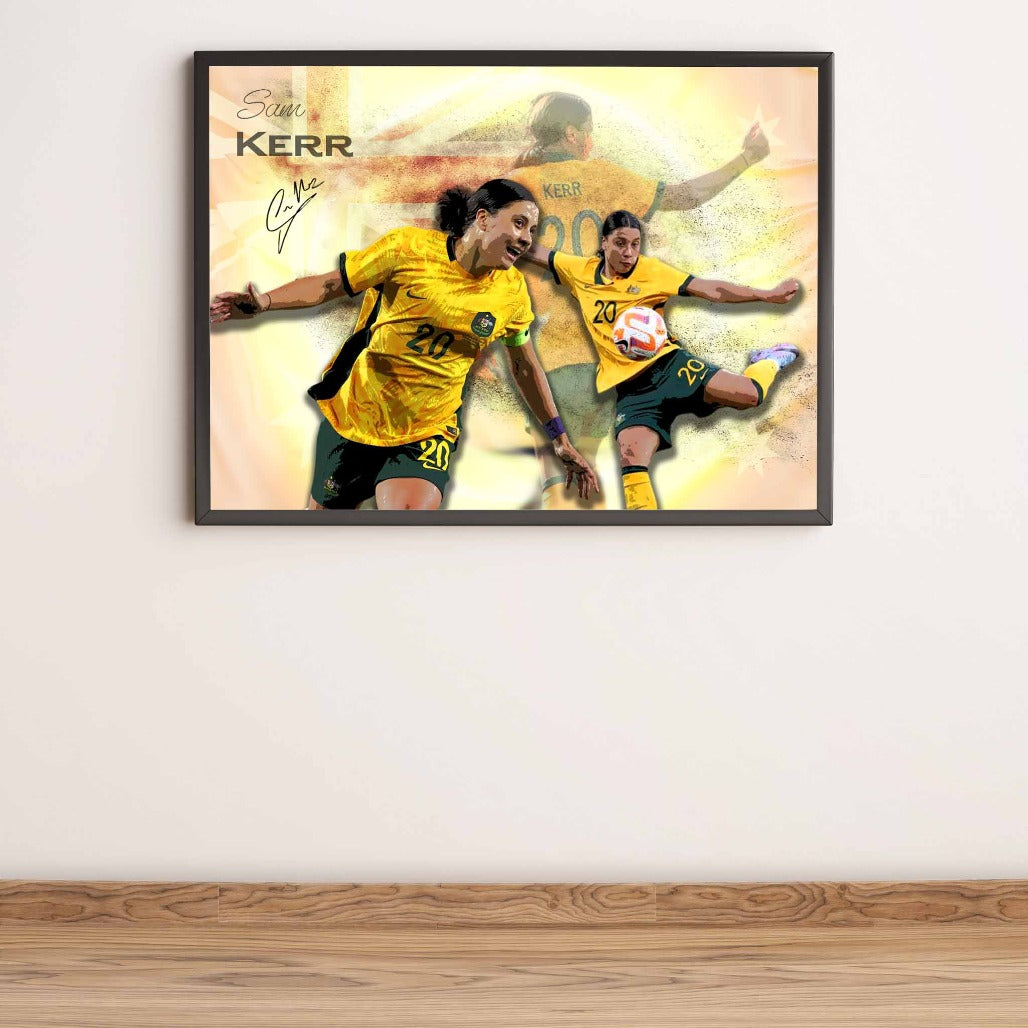 Framed art of Sam Kerr hung on a Matilda's fan wall.