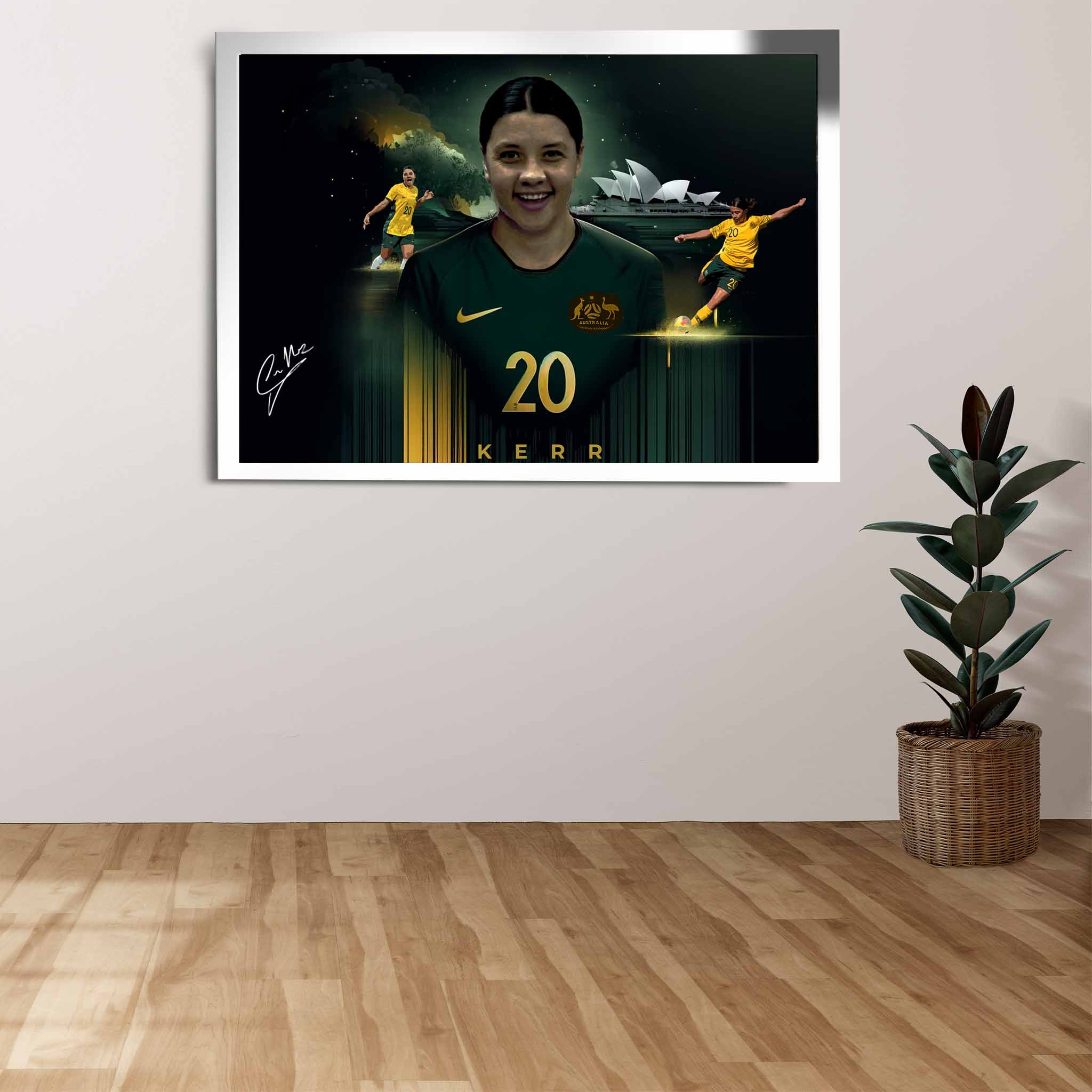 Matilda's fan with wall decor featuring women's soccer star Sam Kerr.