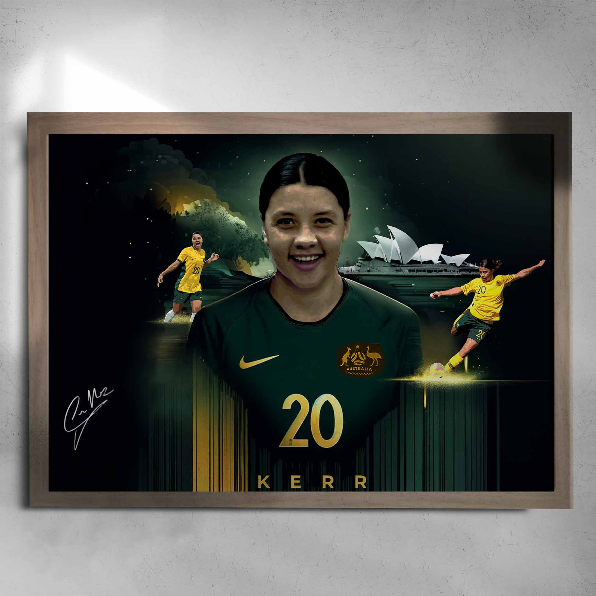 Oak framed Women's soccer art by Sports Cave, featuring Sam Kerr from the Australian Matilda's.