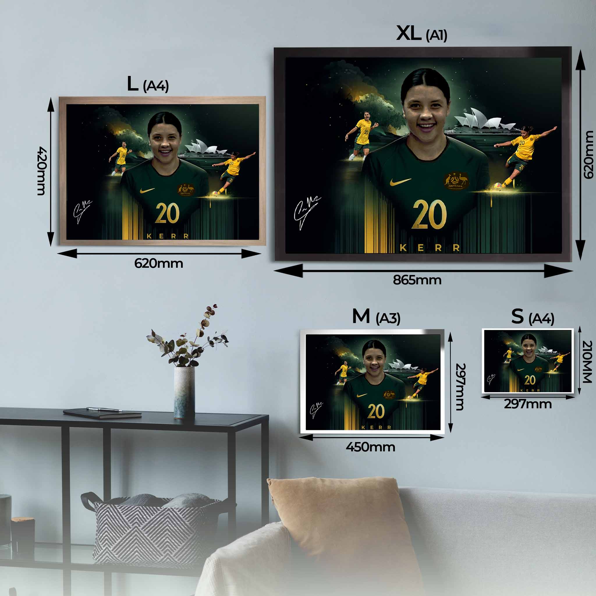 Sam Kerr Framed Art Sizing Guide by Sports Cave.