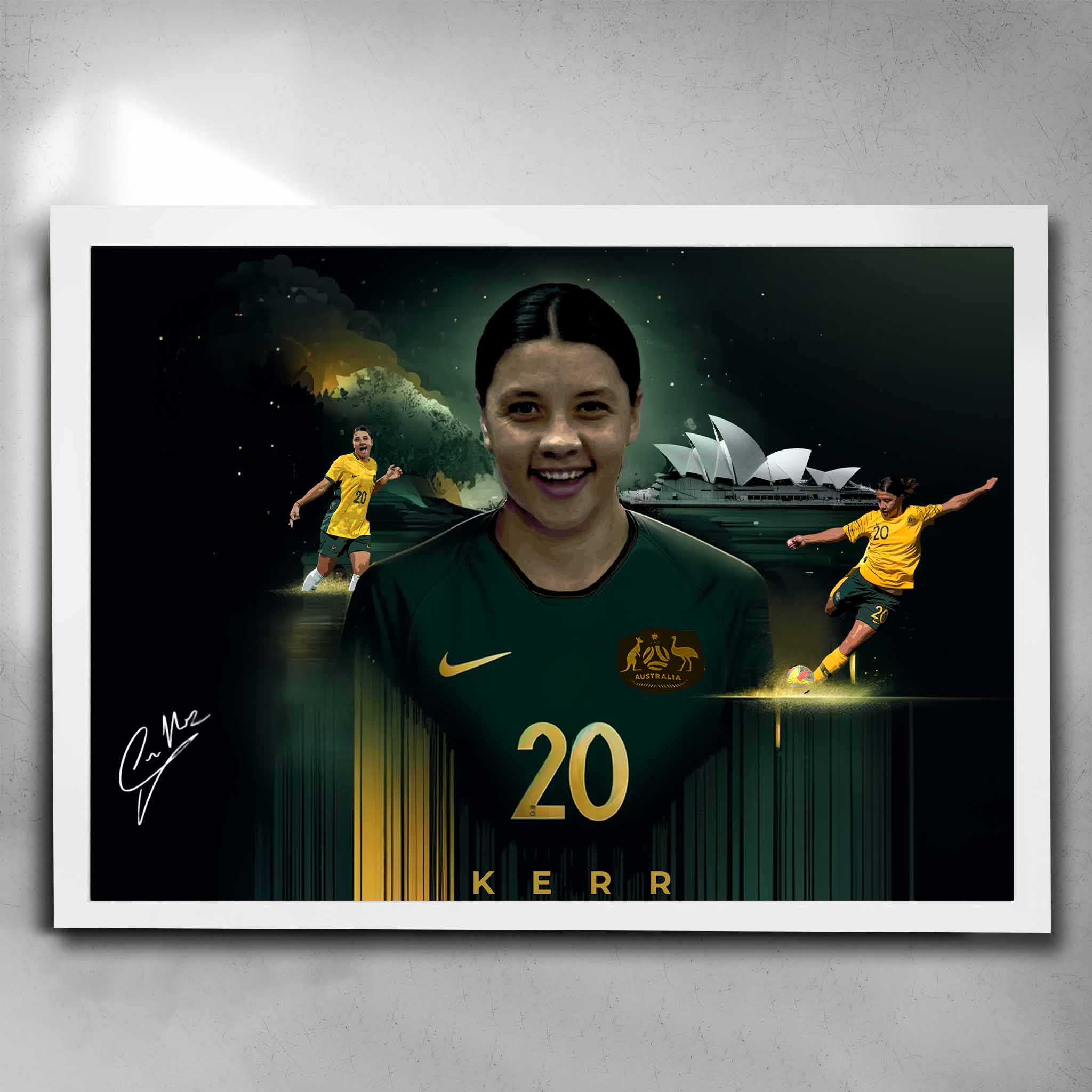 White framed Women's soccer art by Sports Cave, featuring Sam Kerr from the Australian Matilda's.