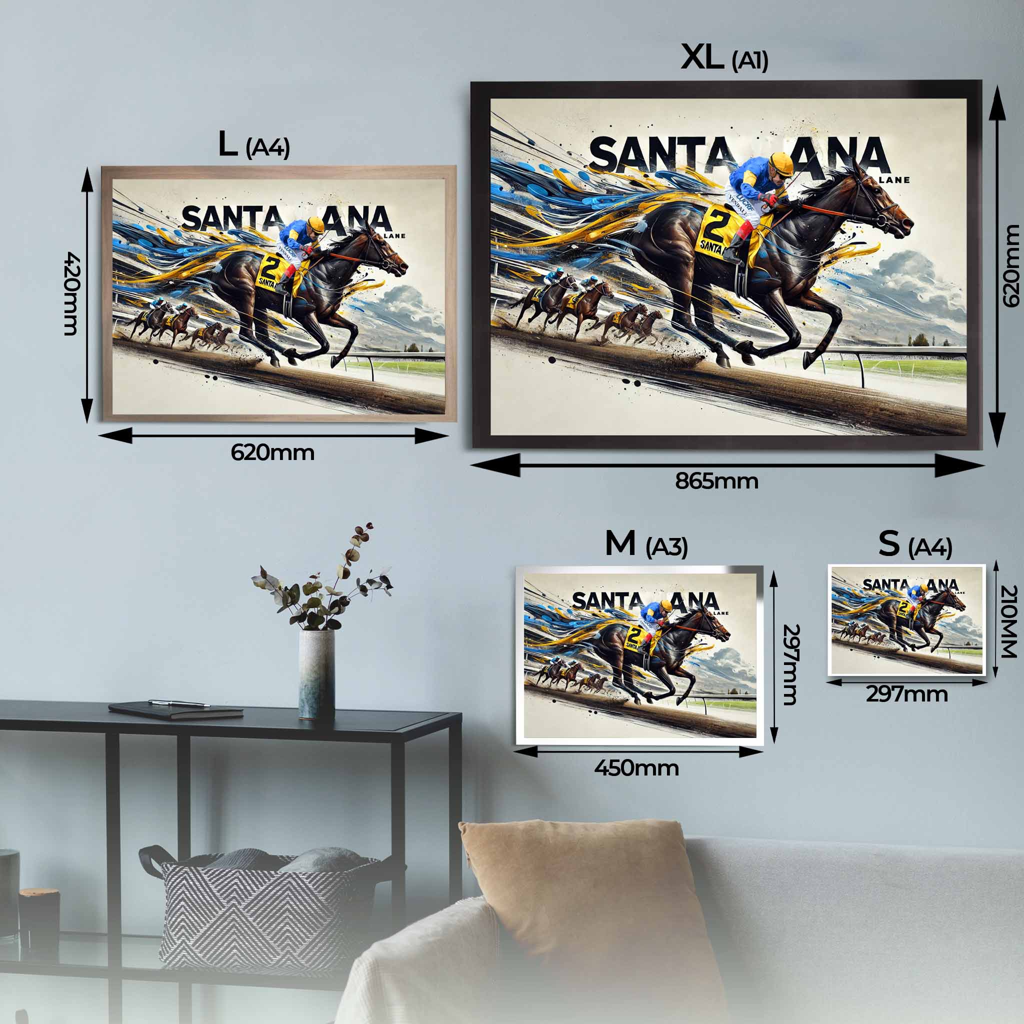 Santa Ana Lane Horse Racing Framed Art Sizing Guide.