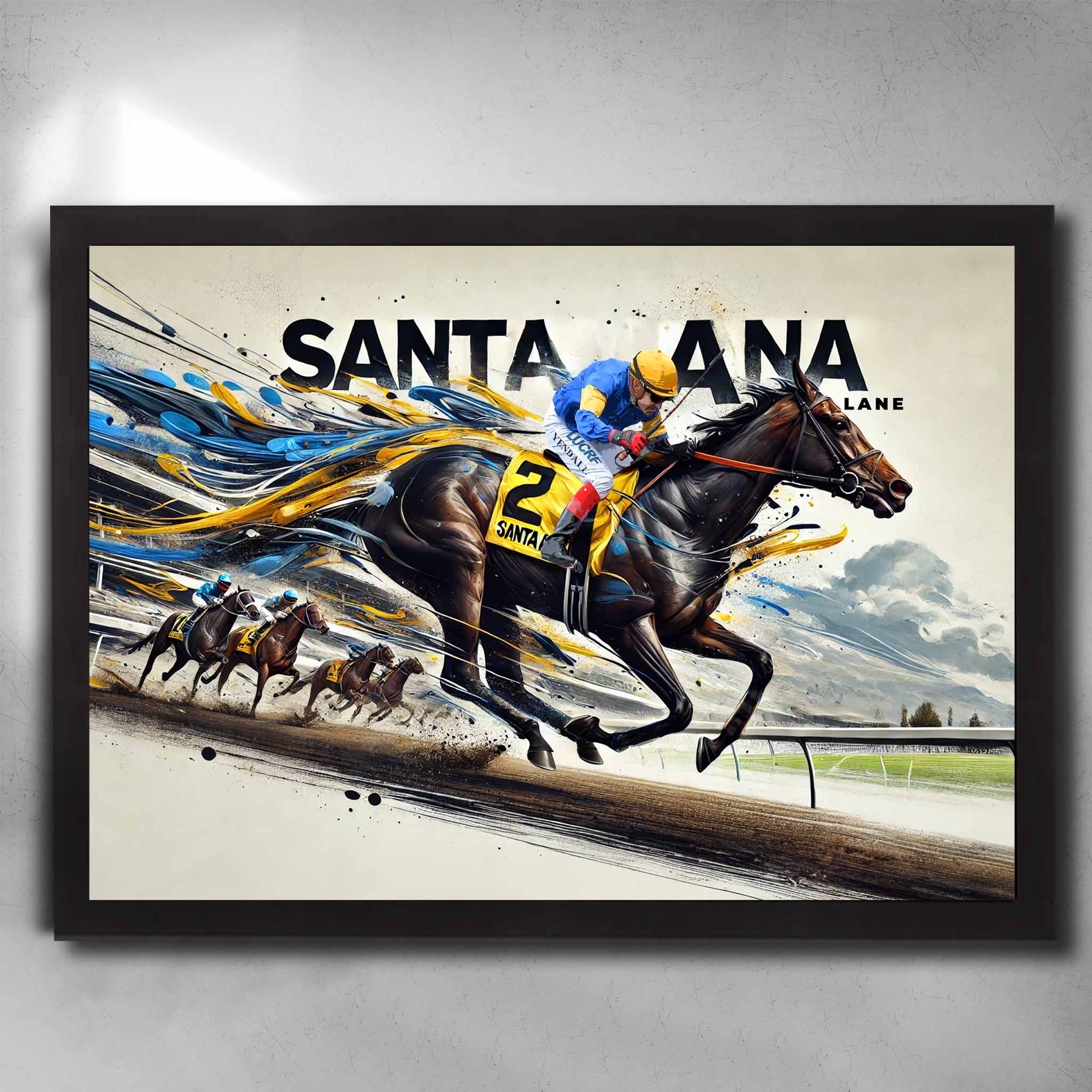 Santa Ana Lane Horse Racing Art in black frame - vibrant man cave decor for horse racing fans.