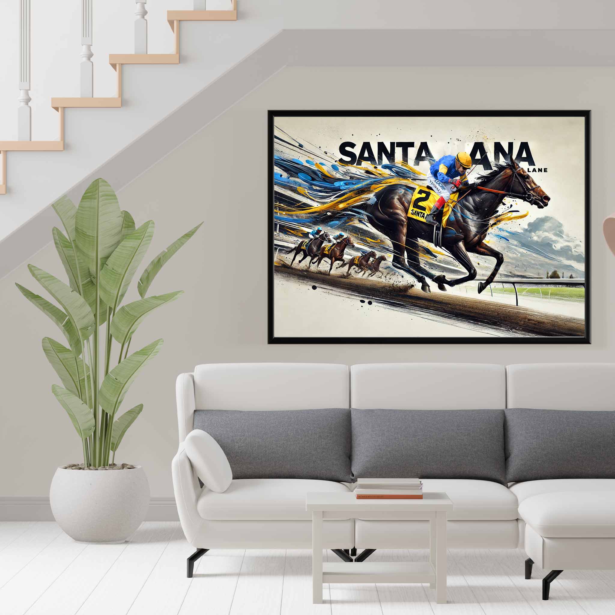 Santa Ana Lane Horse Racing Art in black frame displayed in a modern living room - vibrant man cave decor for horse racing fans.