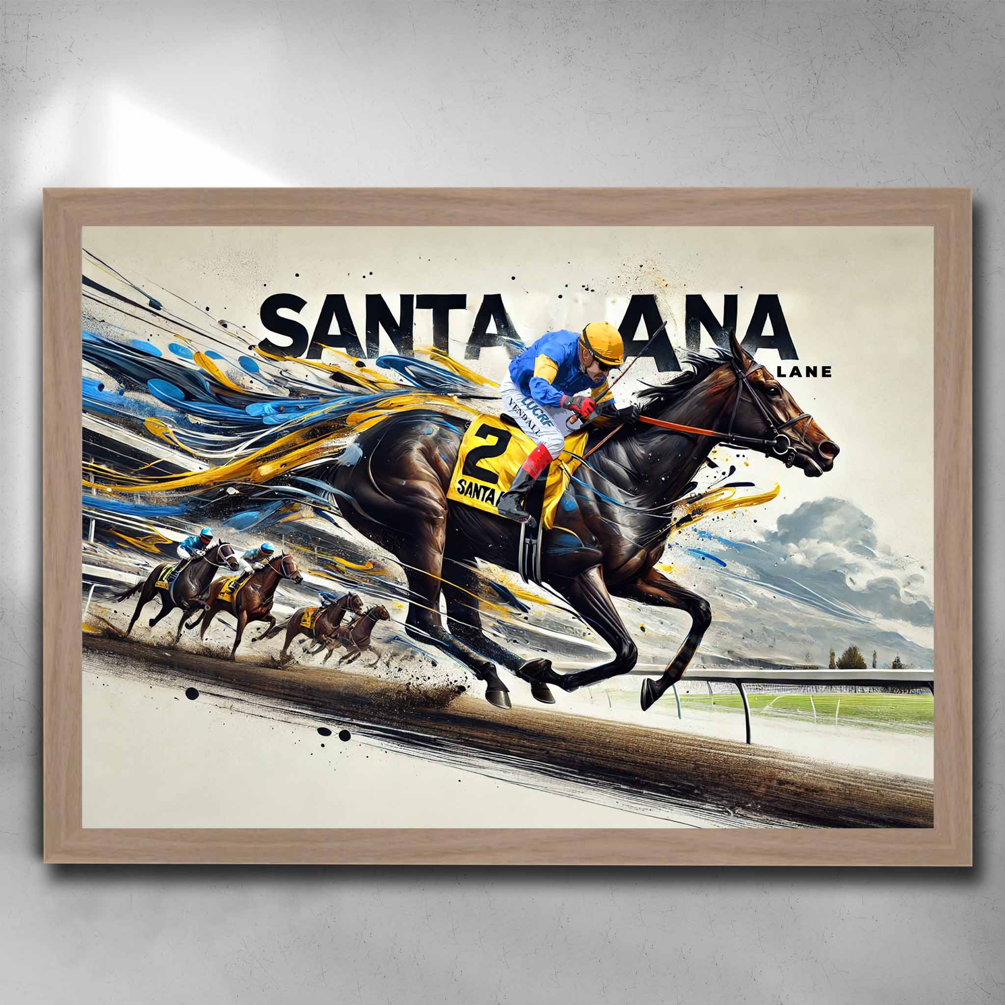 Santa Ana Lane Horse Racing Art in oak frame - vibrant man cave decor for horse racing fans.