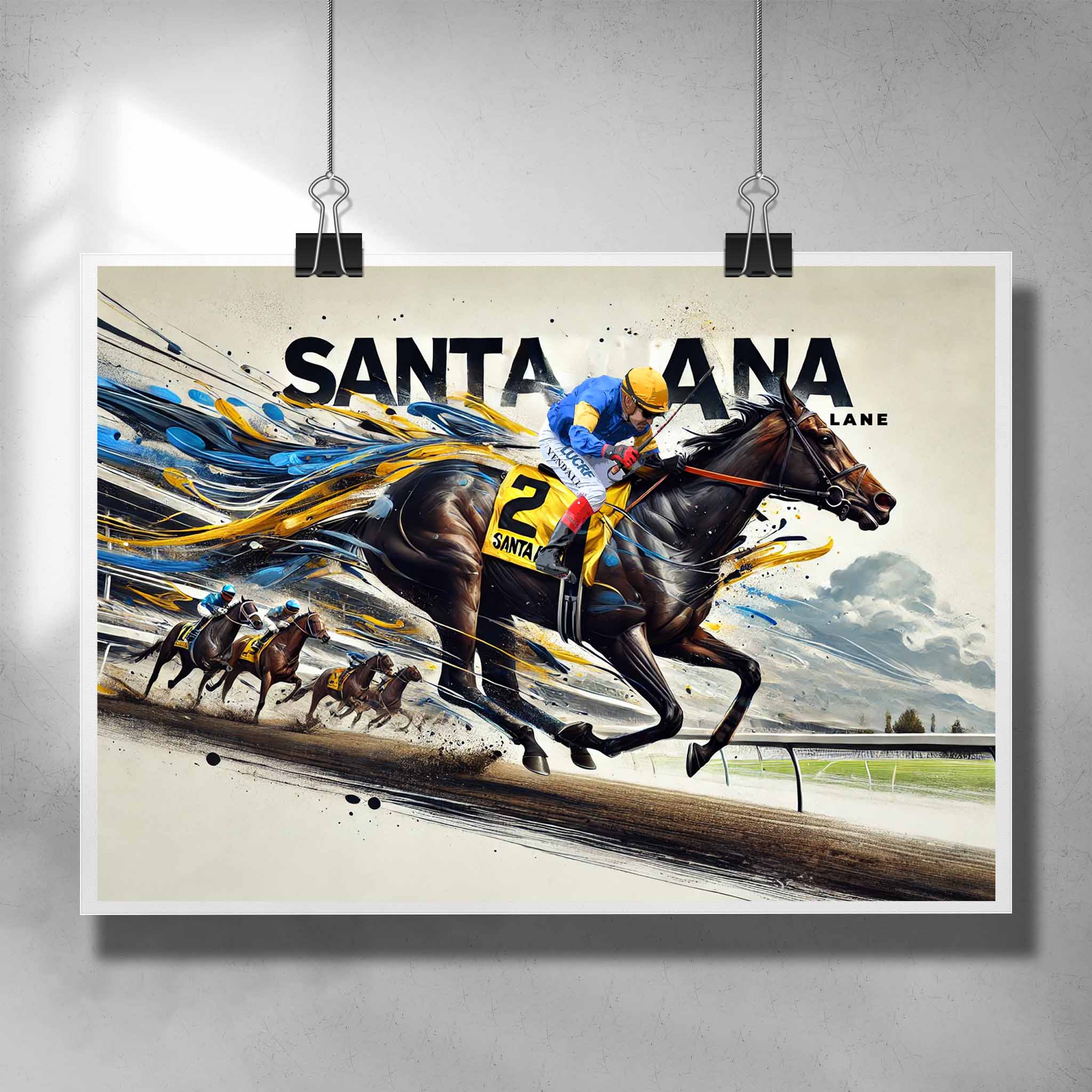 Santa Ana Lane Horse Racing poster - vibrant man cave decor for horse racing fans.